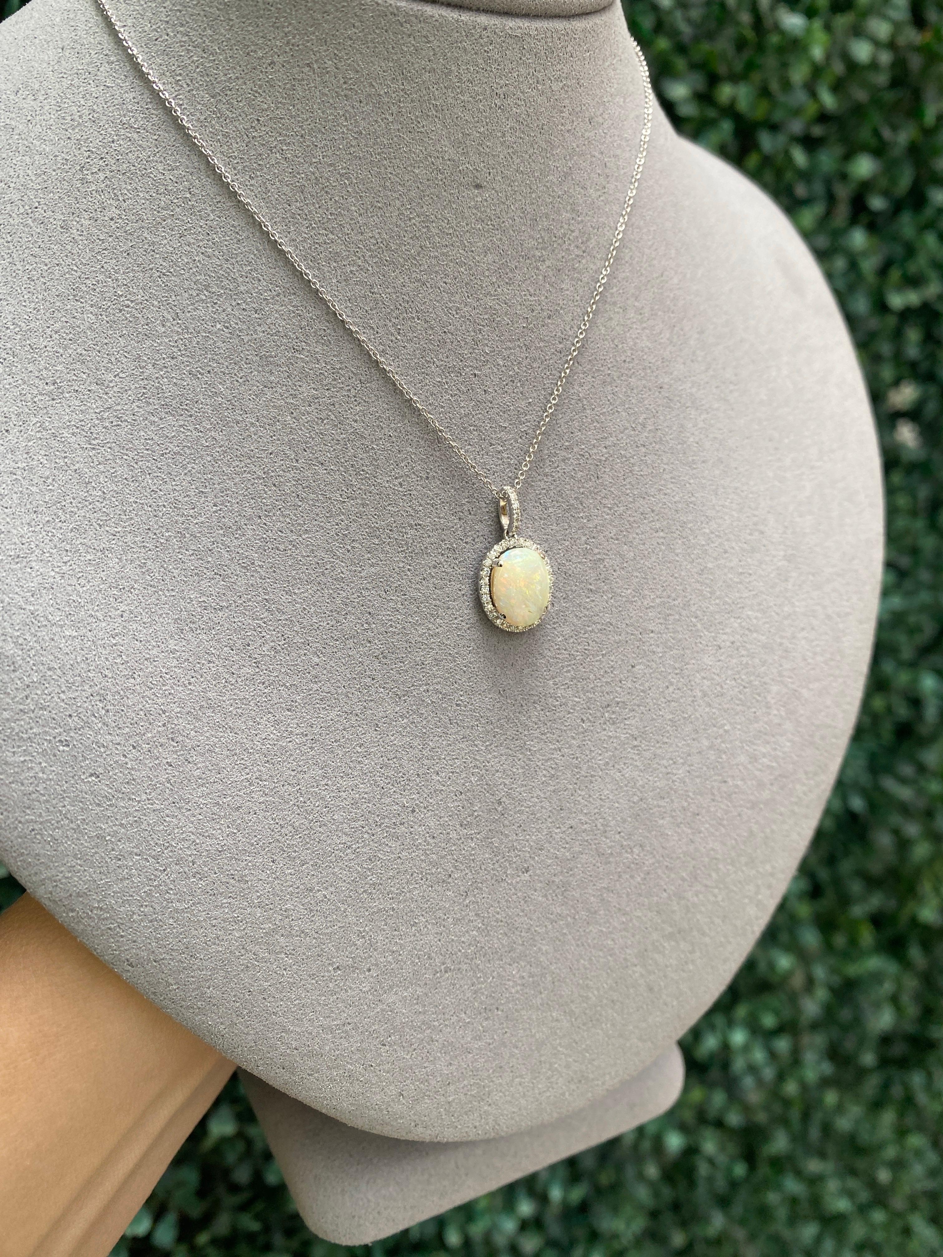 White Oval Opal and Diamond Halo Pendant 18 Karat White Gold Necklace For Sale 6