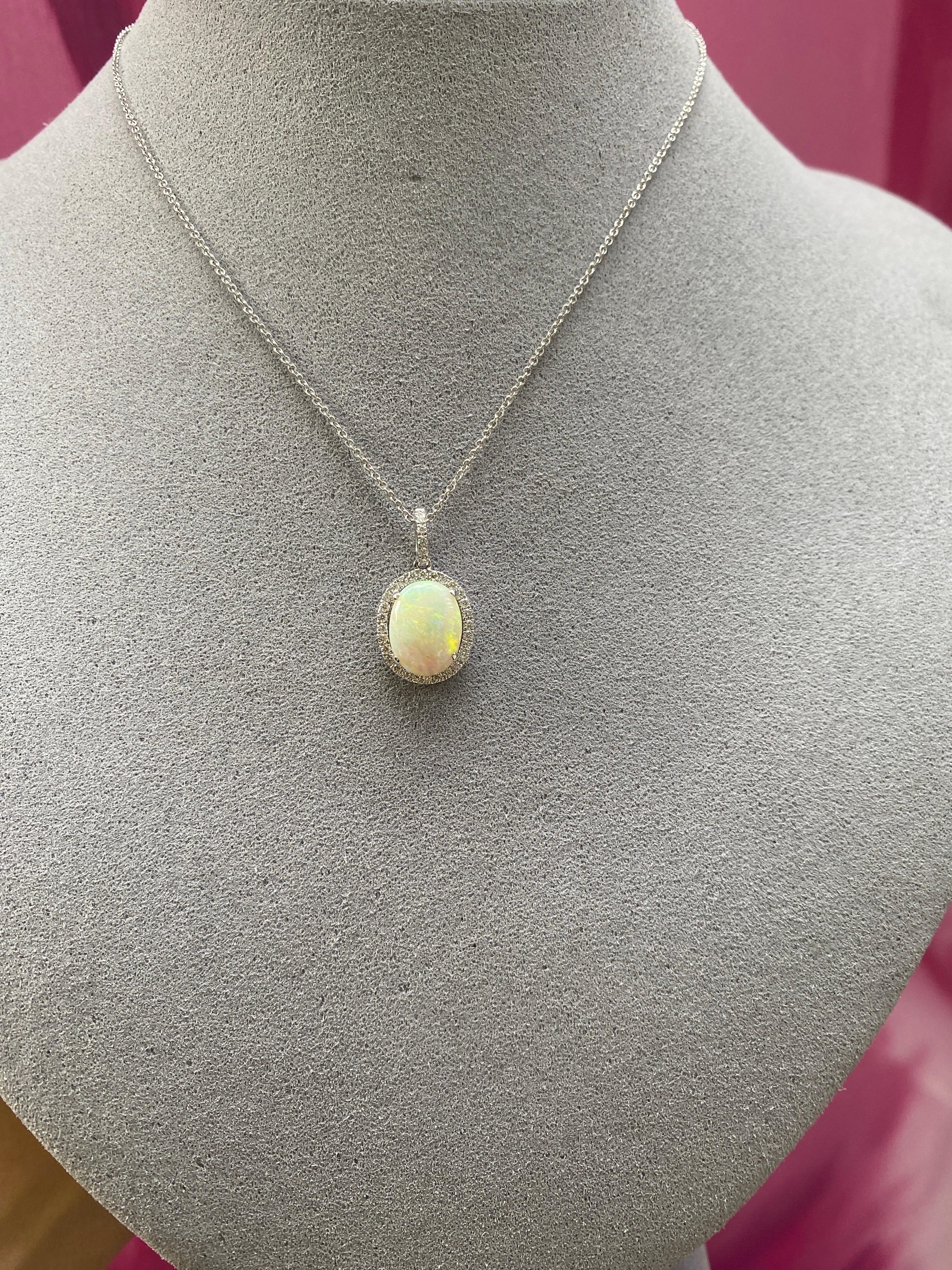 White Oval Opal and Diamond Halo Pendant 18 Karat White Gold Necklace For Sale 8