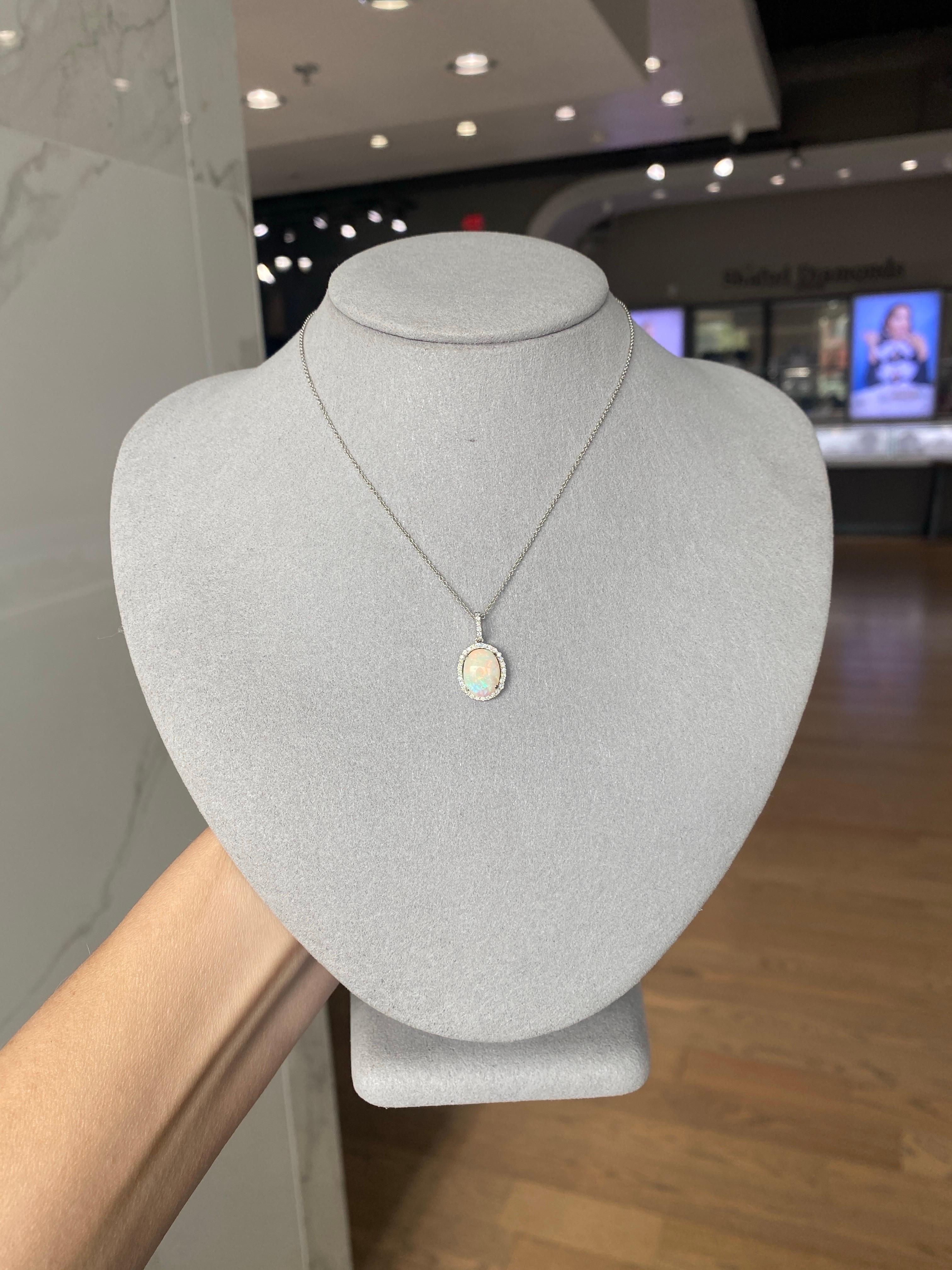 Women's or Men's White Oval Opal and Diamond Halo Pendant 18 Karat White Gold Necklace For Sale