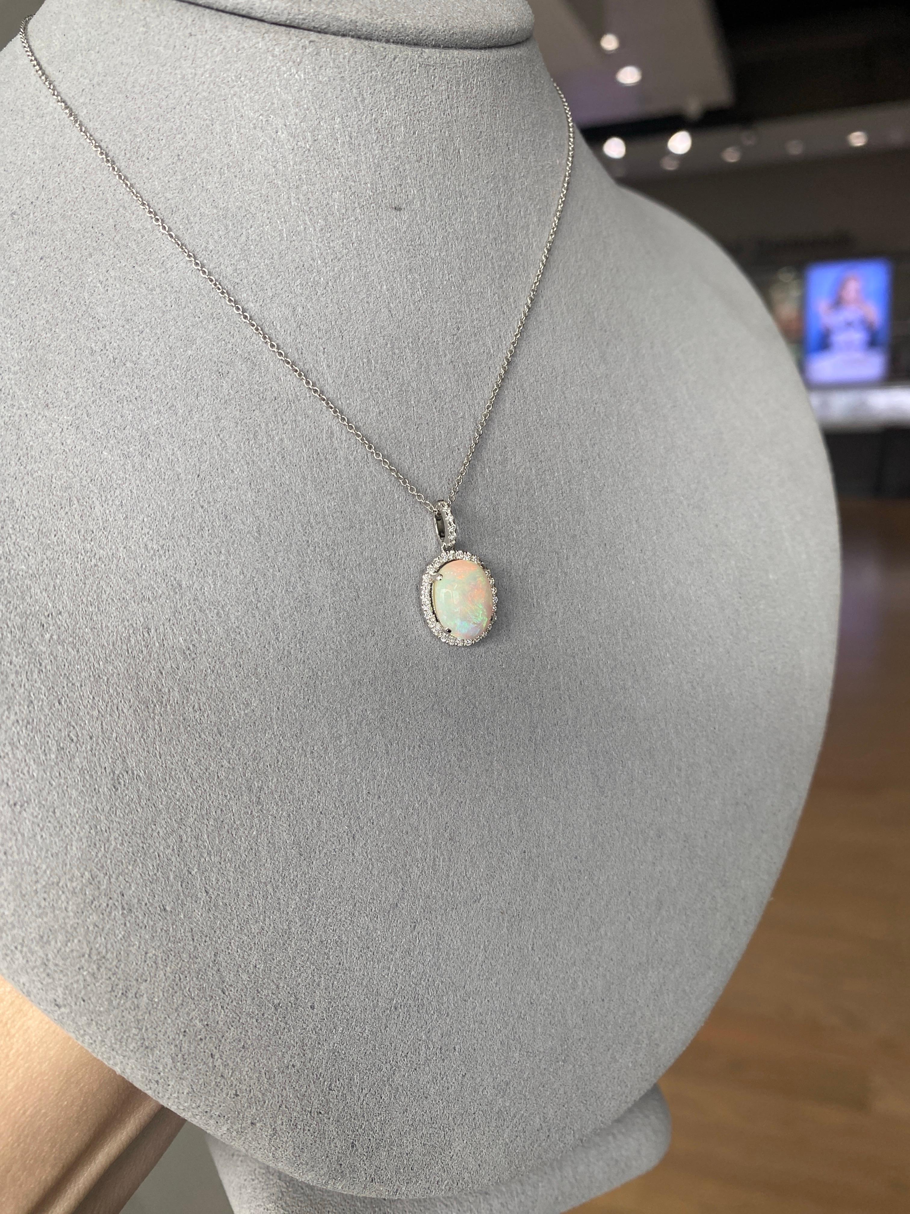 White Oval Opal and Diamond Halo Pendant 18 Karat White Gold Necklace For Sale 1