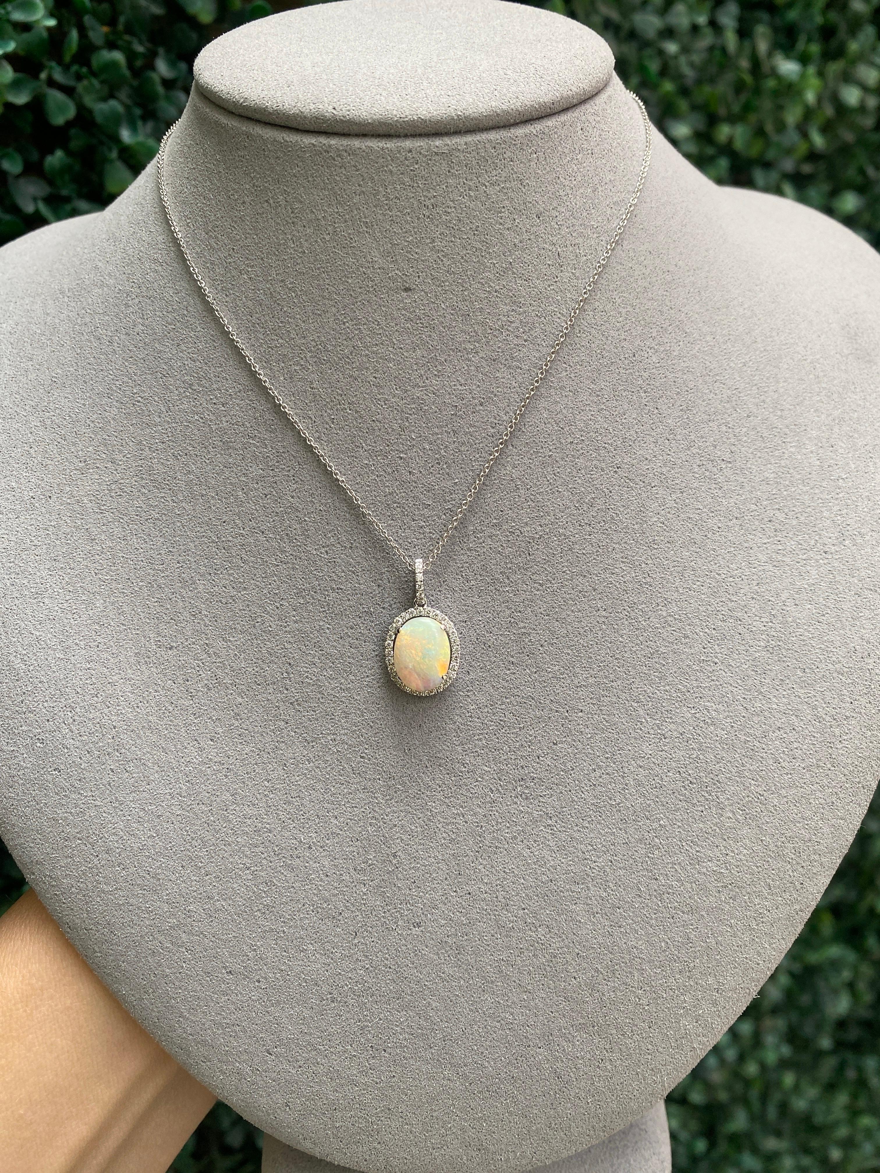 White Oval Opal and Diamond Halo Pendant 18 Karat White Gold Necklace For Sale 4