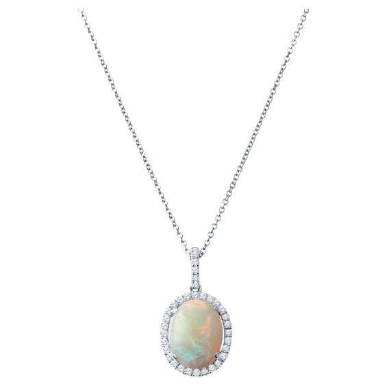 White Oval Opal and Diamond Halo Pendant 18 Karat White Gold Necklace
