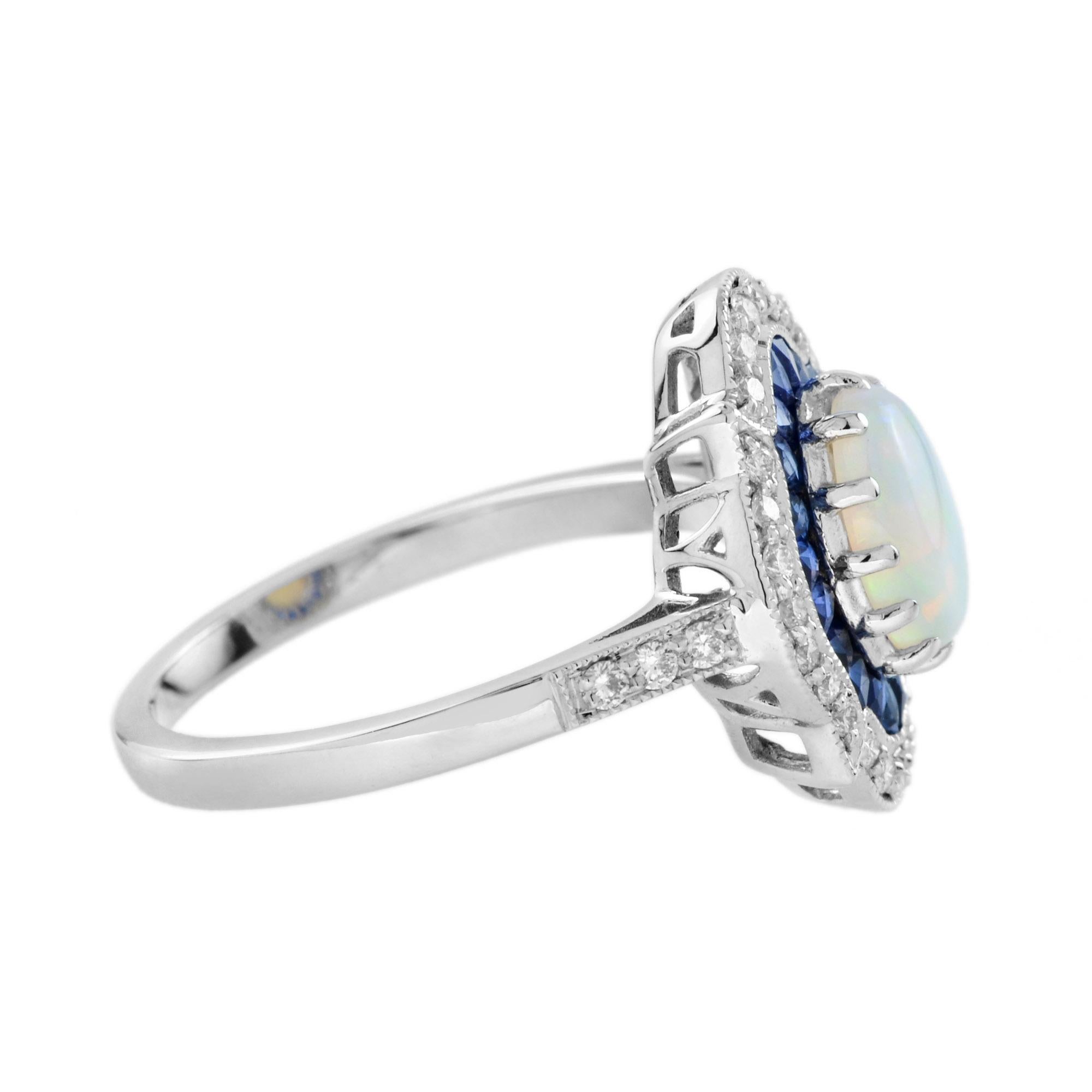 Art Déco Opale ovale bianco e zaffiro blu, diamante in stile Art Deco, anello a raggiera in oro bianco 14 carati in vendita