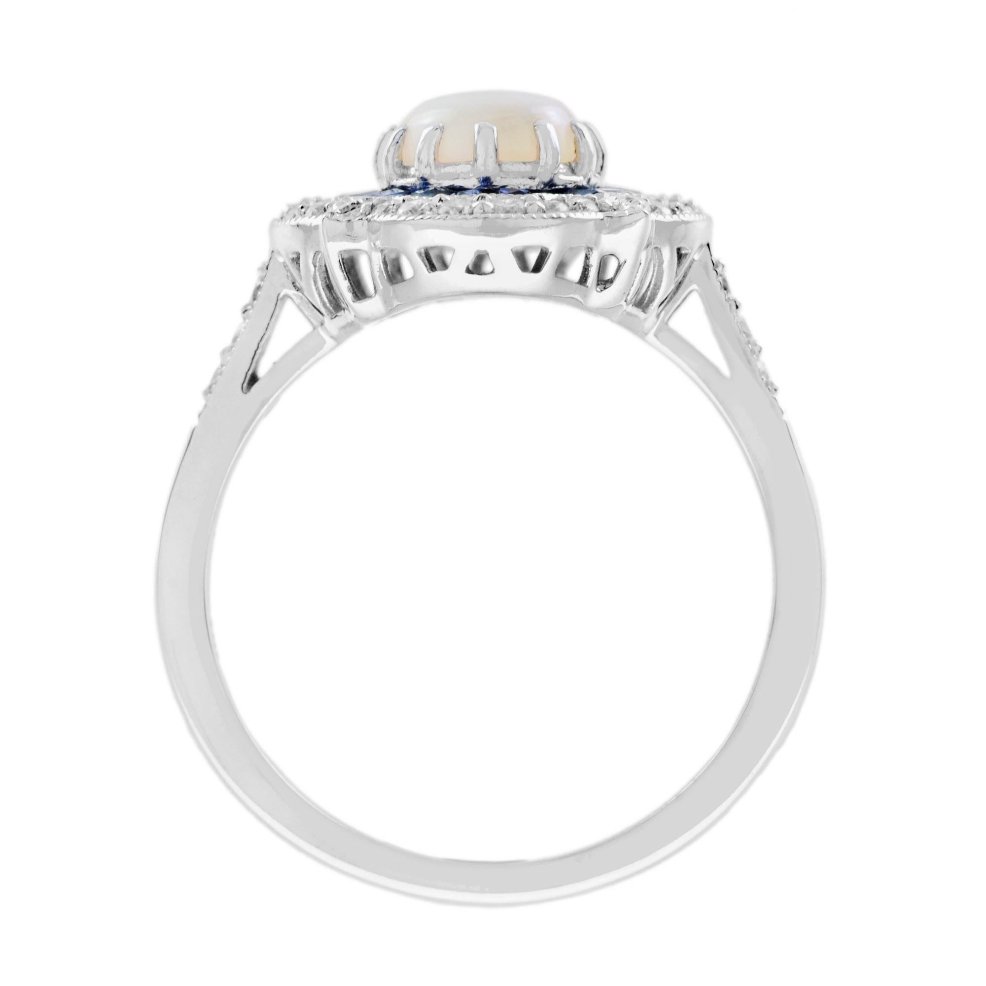 Opale ovale bianco e zaffiro blu, diamante in stile Art Deco, anello a raggiera in oro bianco 14 carati In condizioni Nuovo in vendita a Oakton, VA
