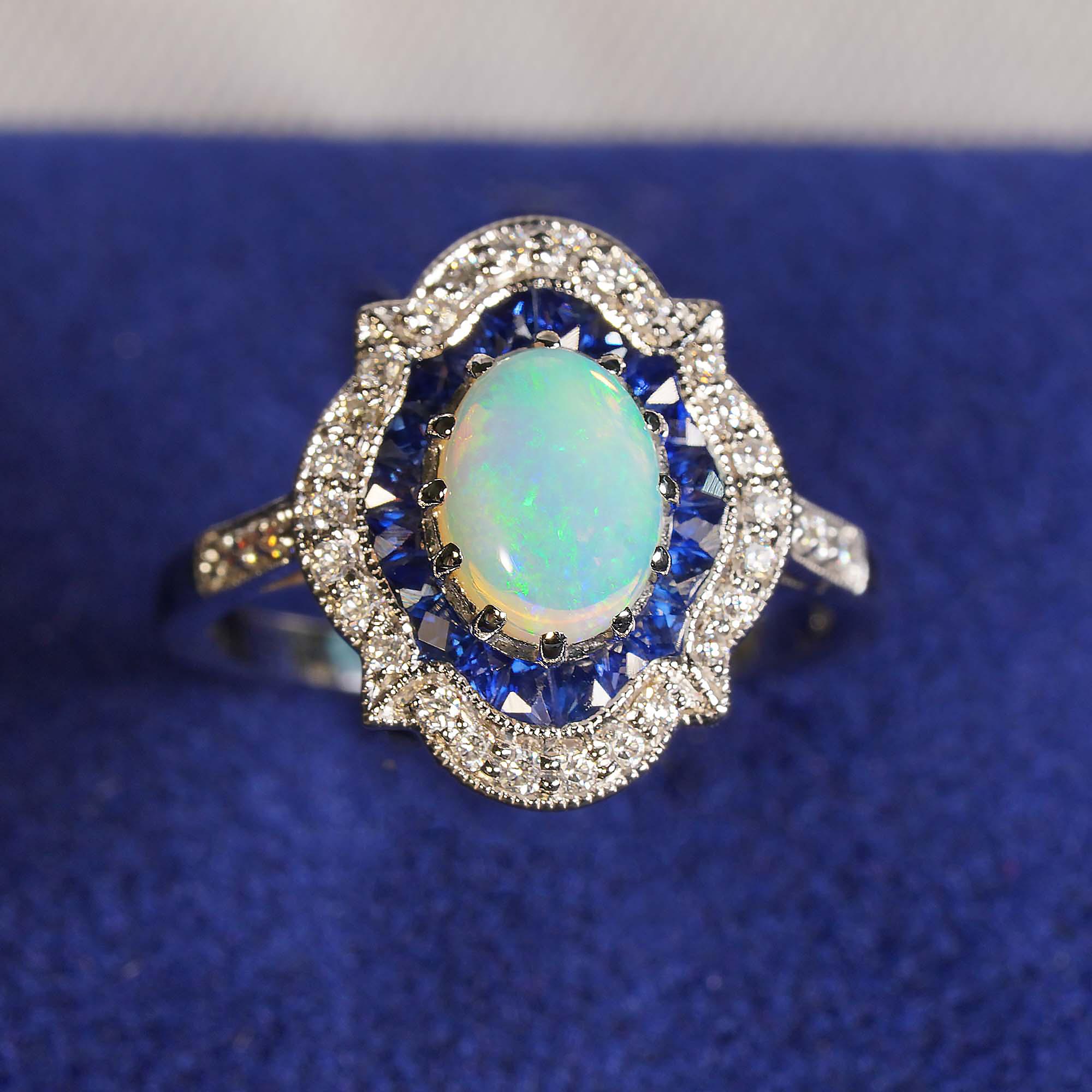 da uomo o donna Opale ovale bianco e zaffiro blu, diamante in stile Art Deco, anello a raggiera in oro bianco 14 carati in vendita