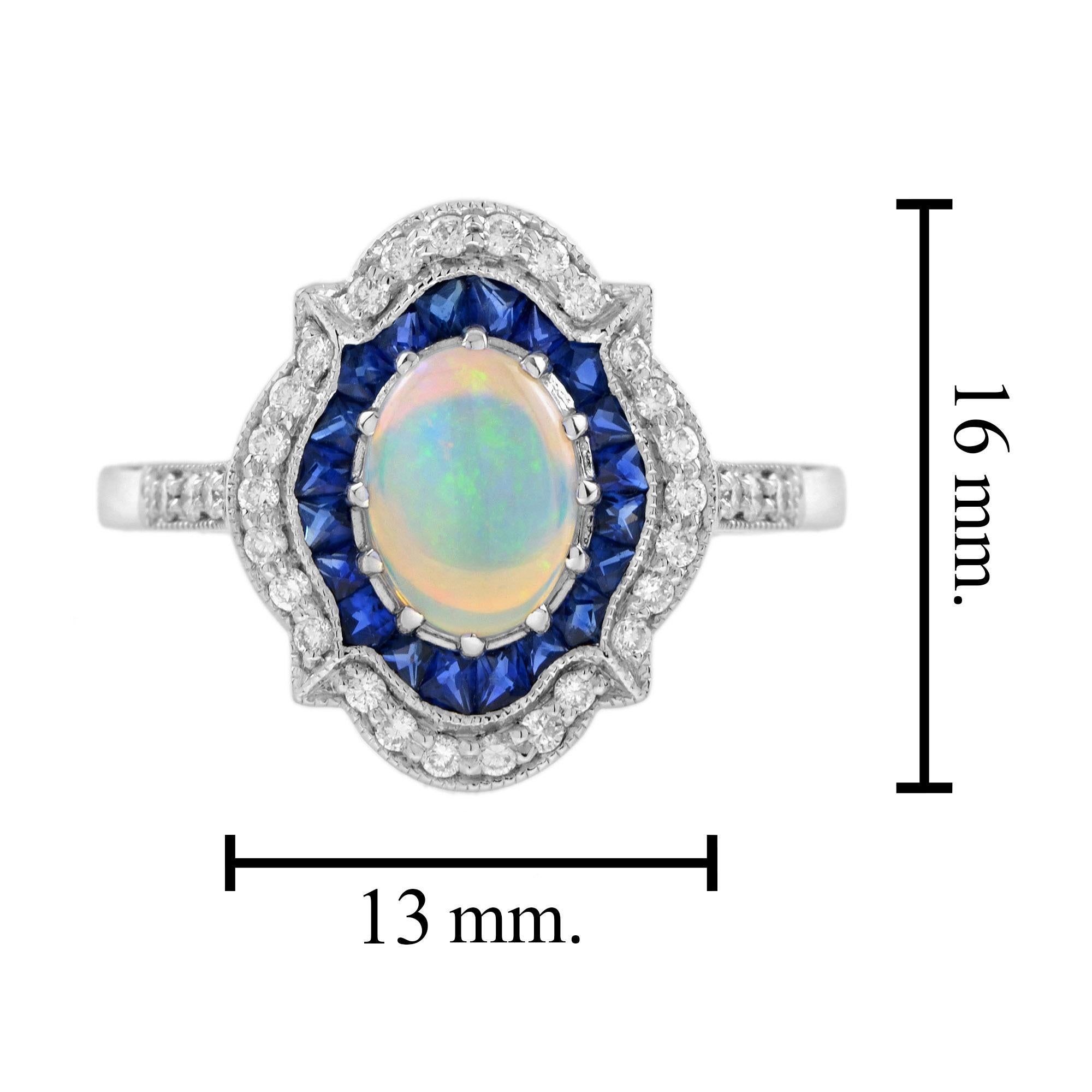 Opale ovale bianco e zaffiro blu, diamante in stile Art Deco, anello a raggiera in oro bianco 14 carati in vendita 3