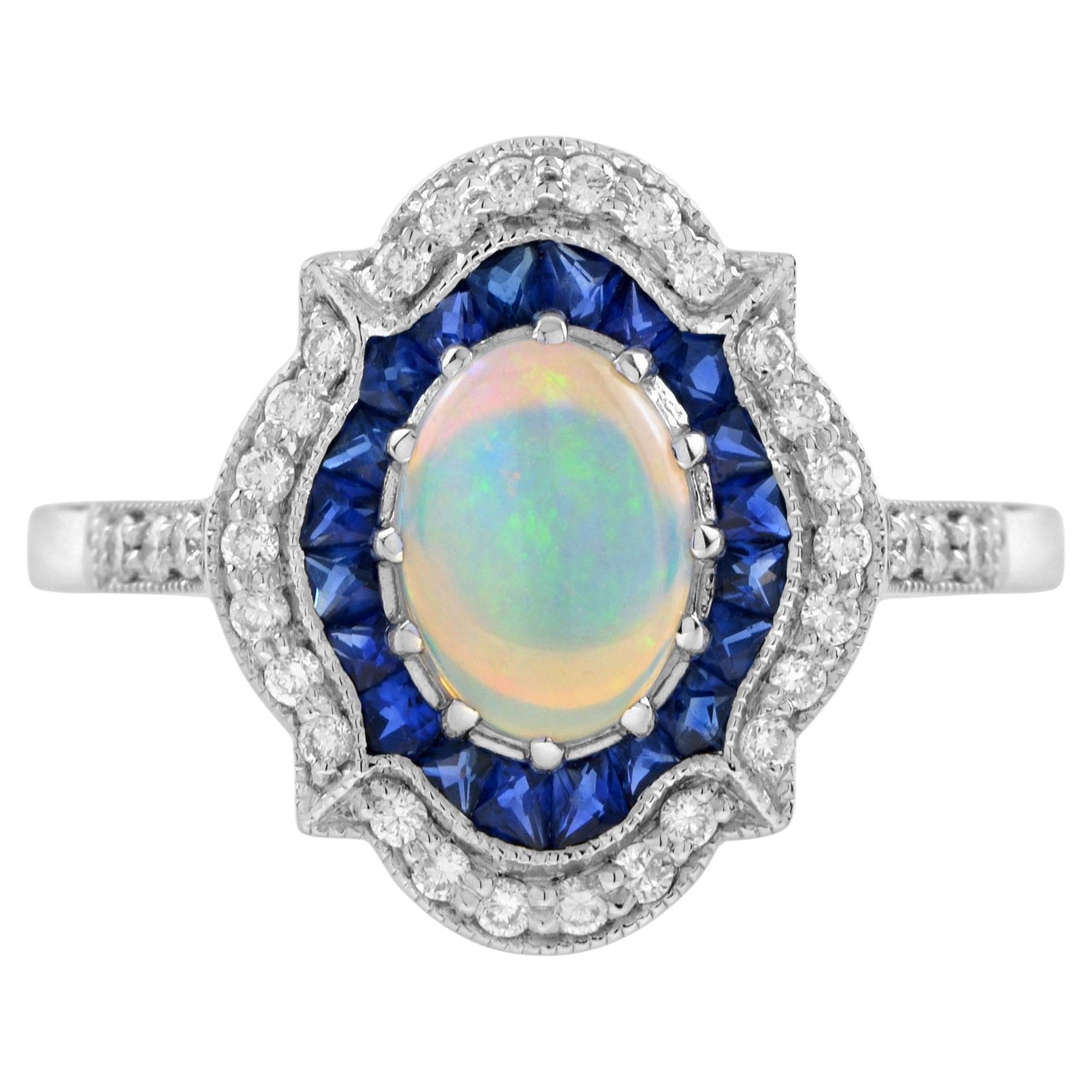 Opale ovale bianco e zaffiro blu, diamante in stile Art Deco, anello a raggiera in oro bianco 14 carati
