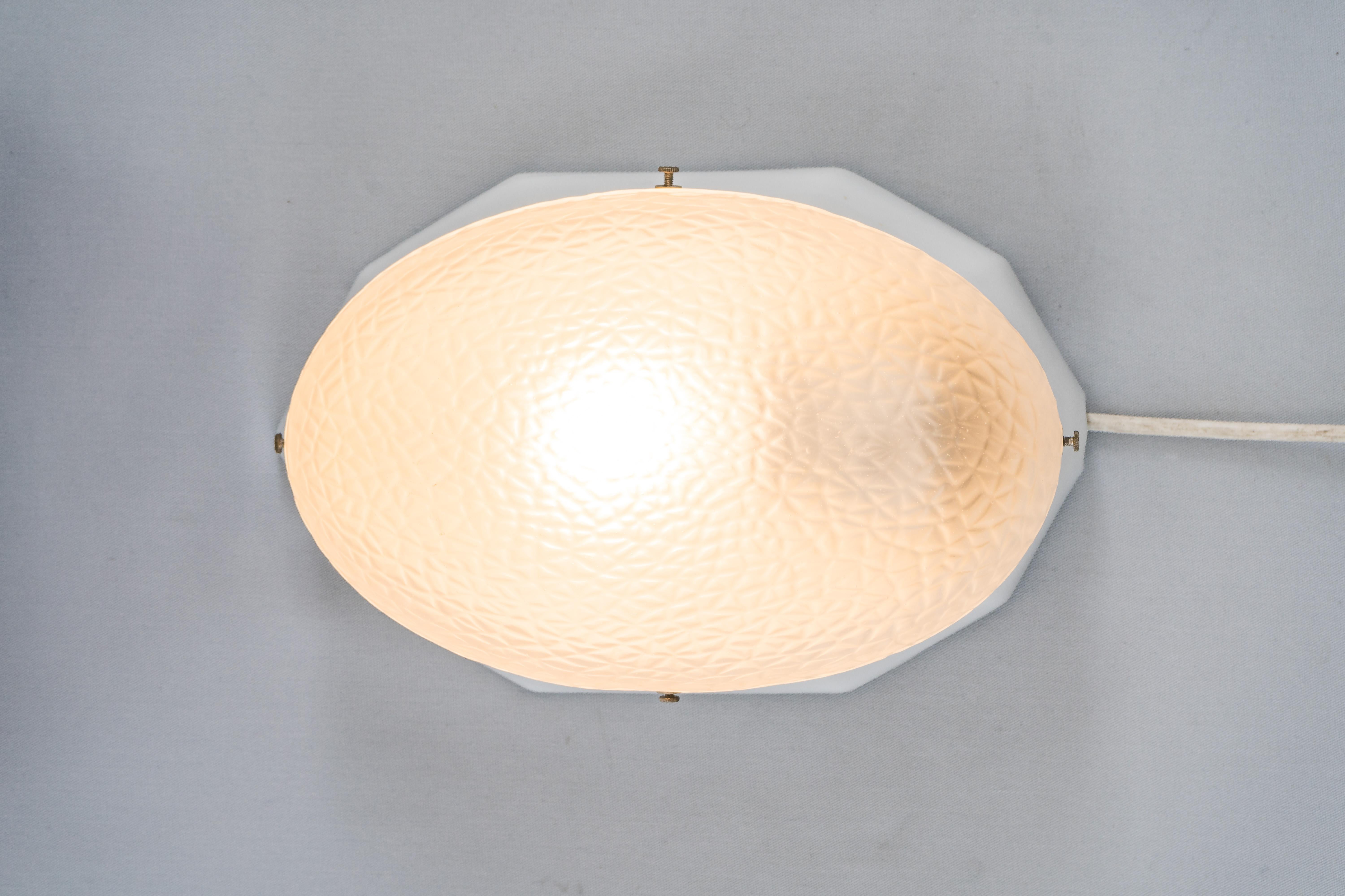 White Oval Porcelain Wall or Ceiling Lamp with Original Glass Shade, circa 1920s For Sale 4