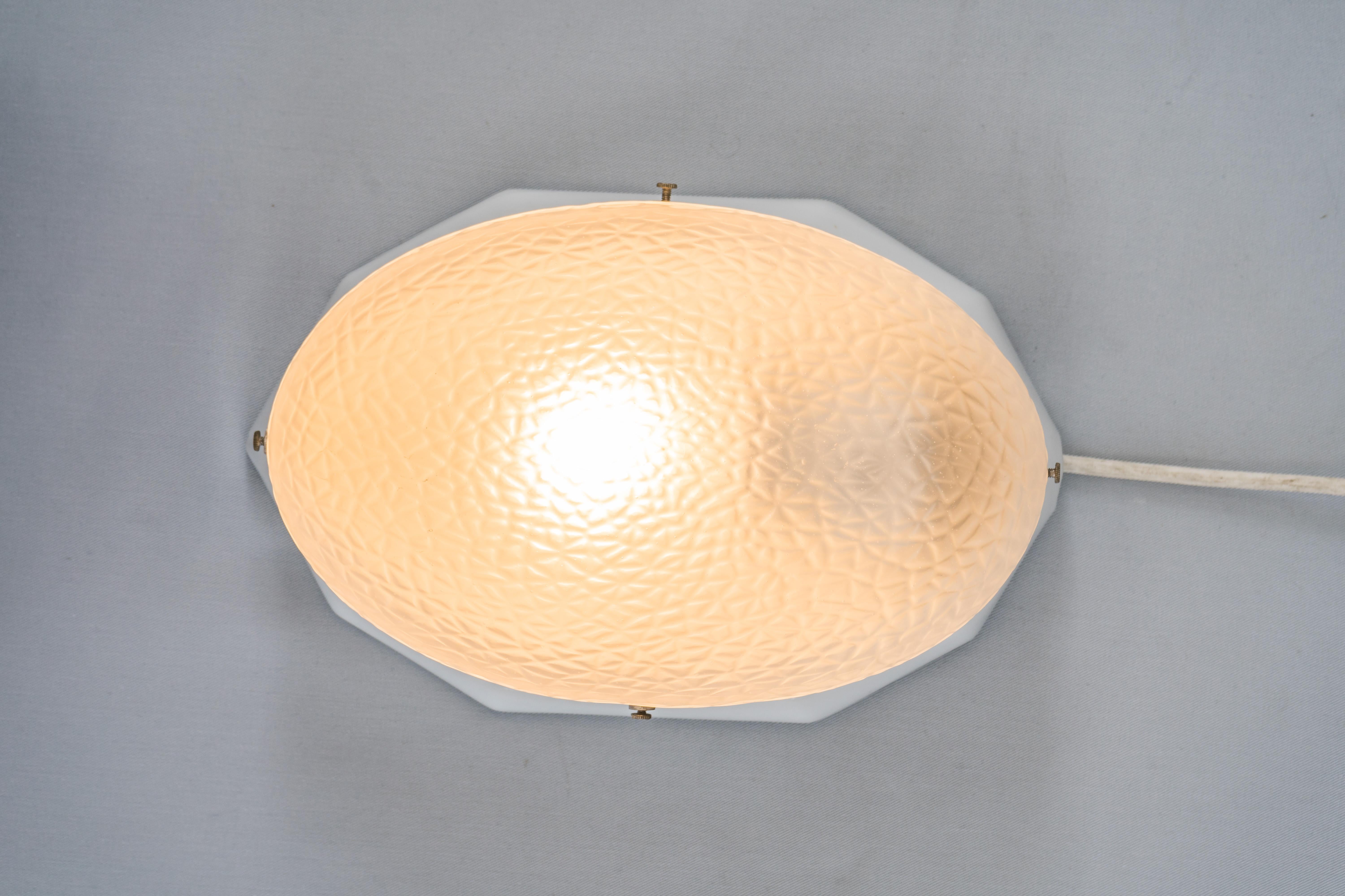 White Oval Porcelain Wall or Ceiling Lamp with Original Glass Shade, circa 1920s For Sale 5