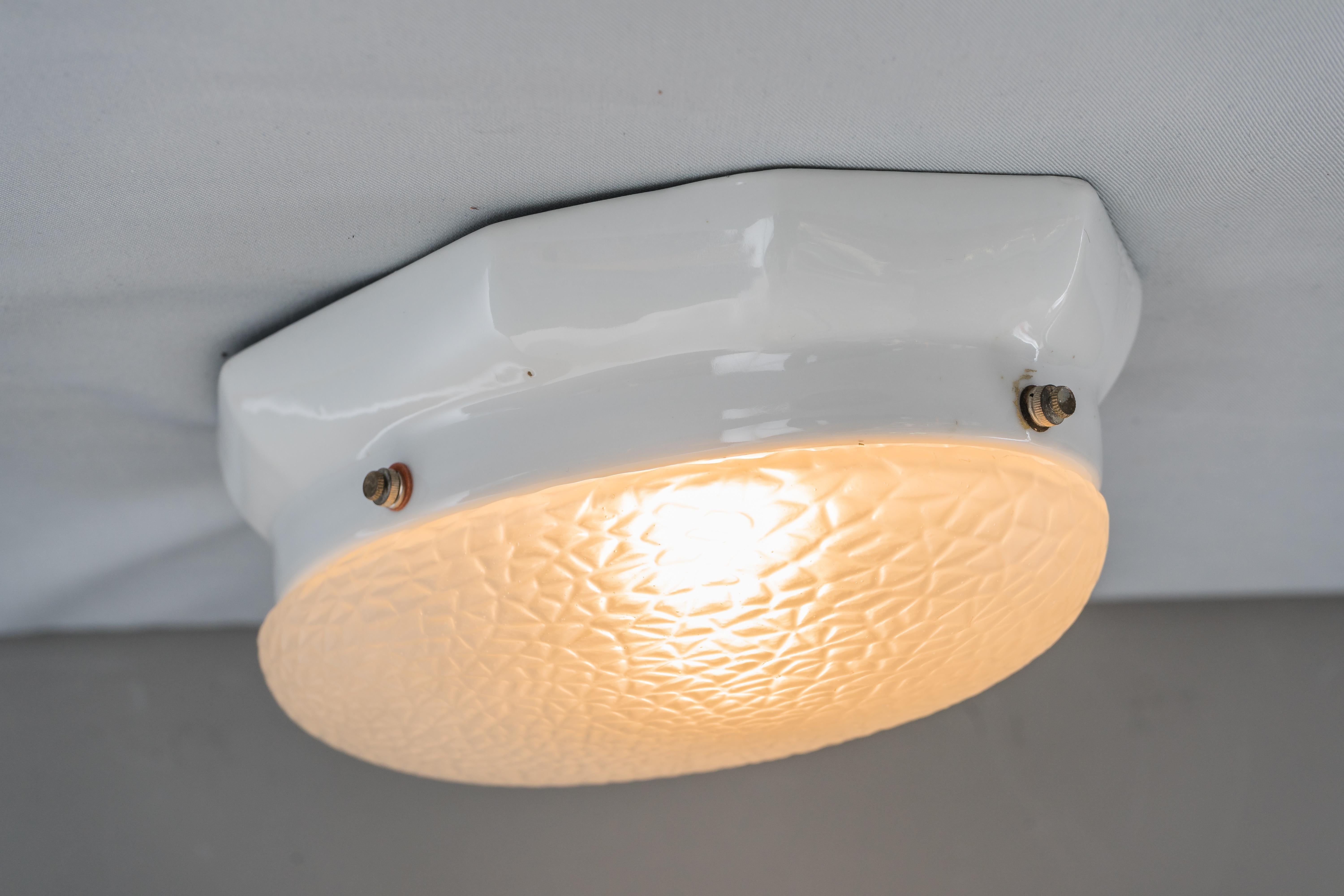 White Oval Porcelain Wall or Ceiling Lamp with Original Glass Shade, circa 1920s For Sale 6