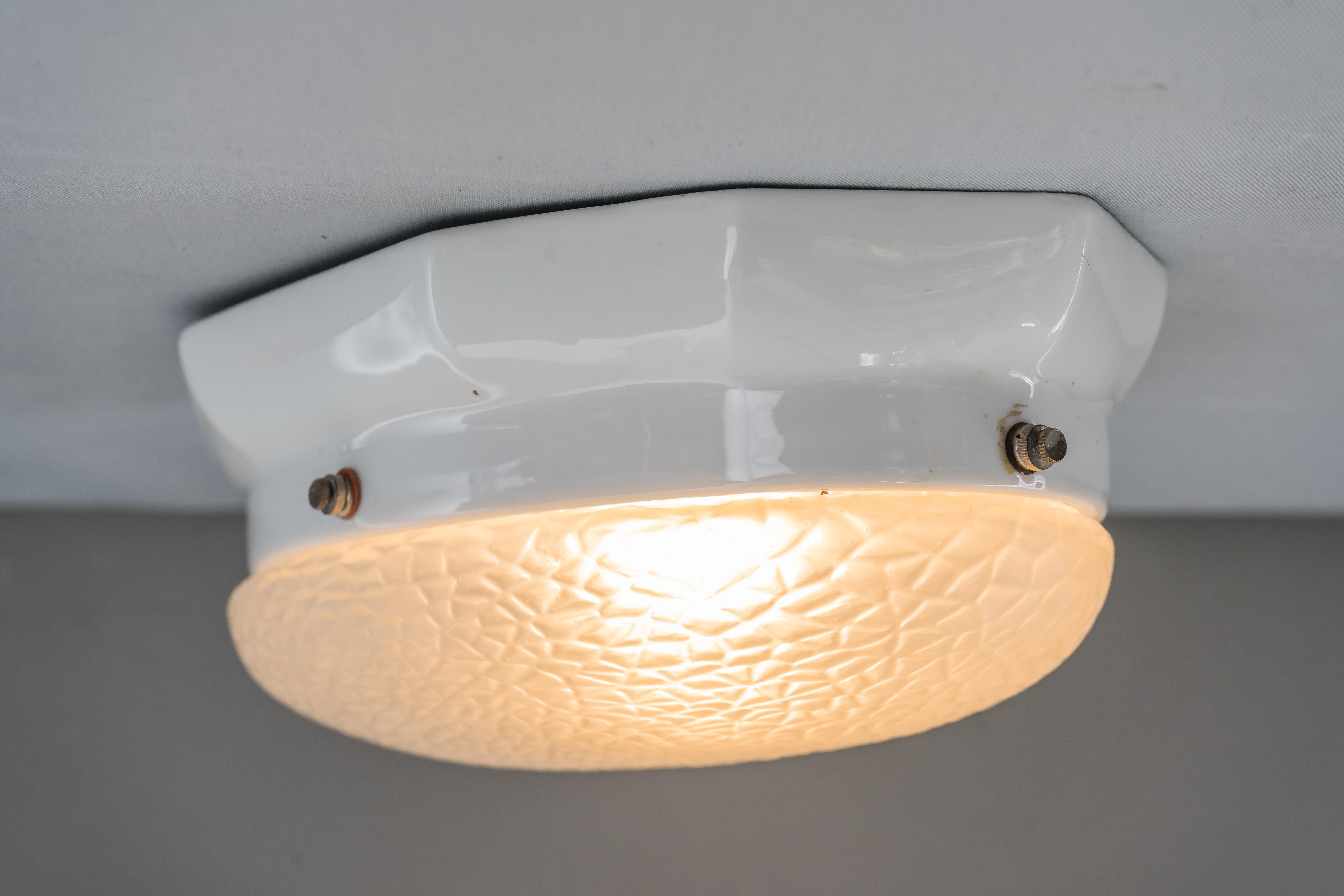 White Oval Porcelain Wall or Ceiling Lamp with Original Glass Shade, circa 1920s For Sale 8