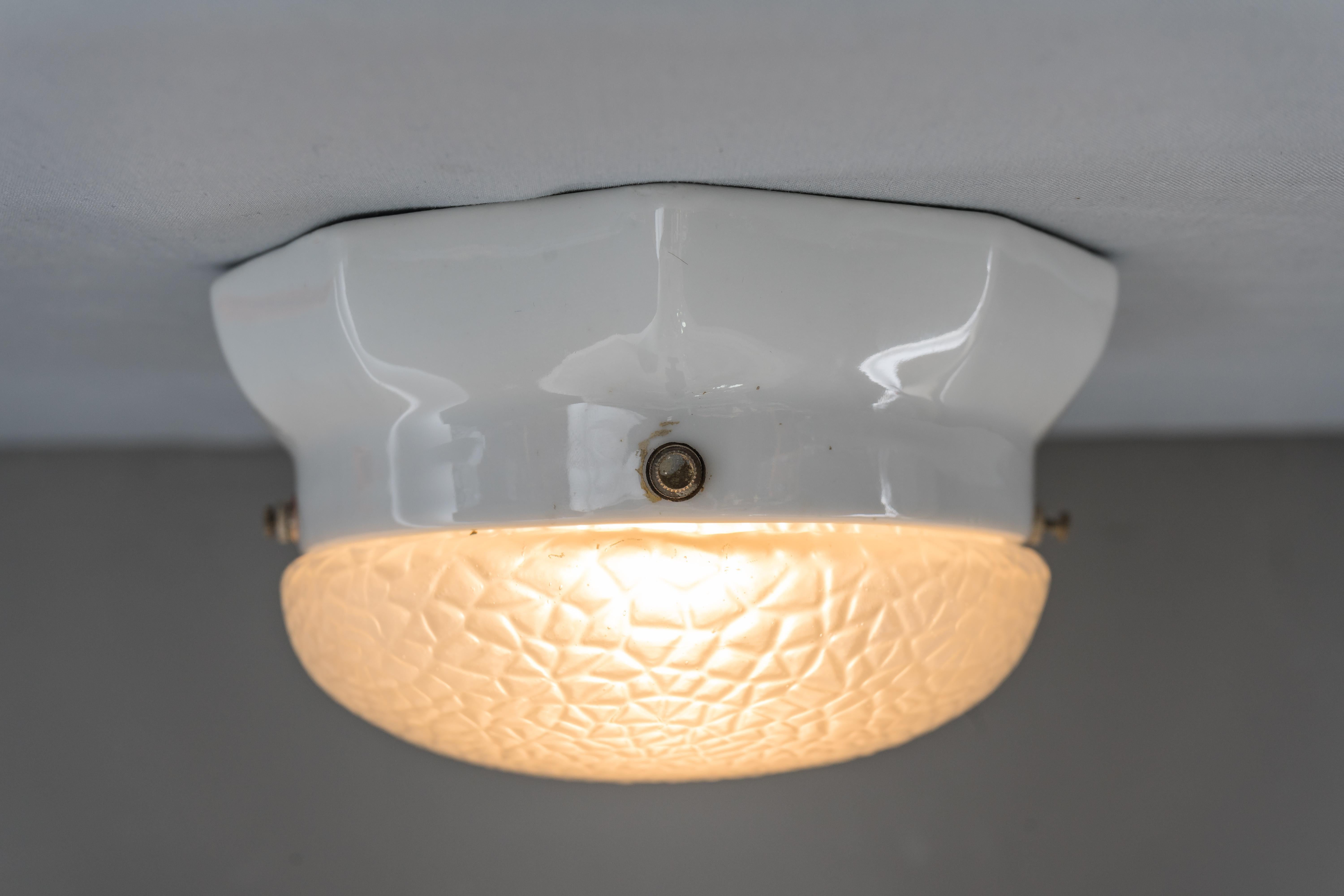 White Oval Porcelain Wall or Ceiling Lamp with Original Glass Shade, circa 1920s For Sale 9