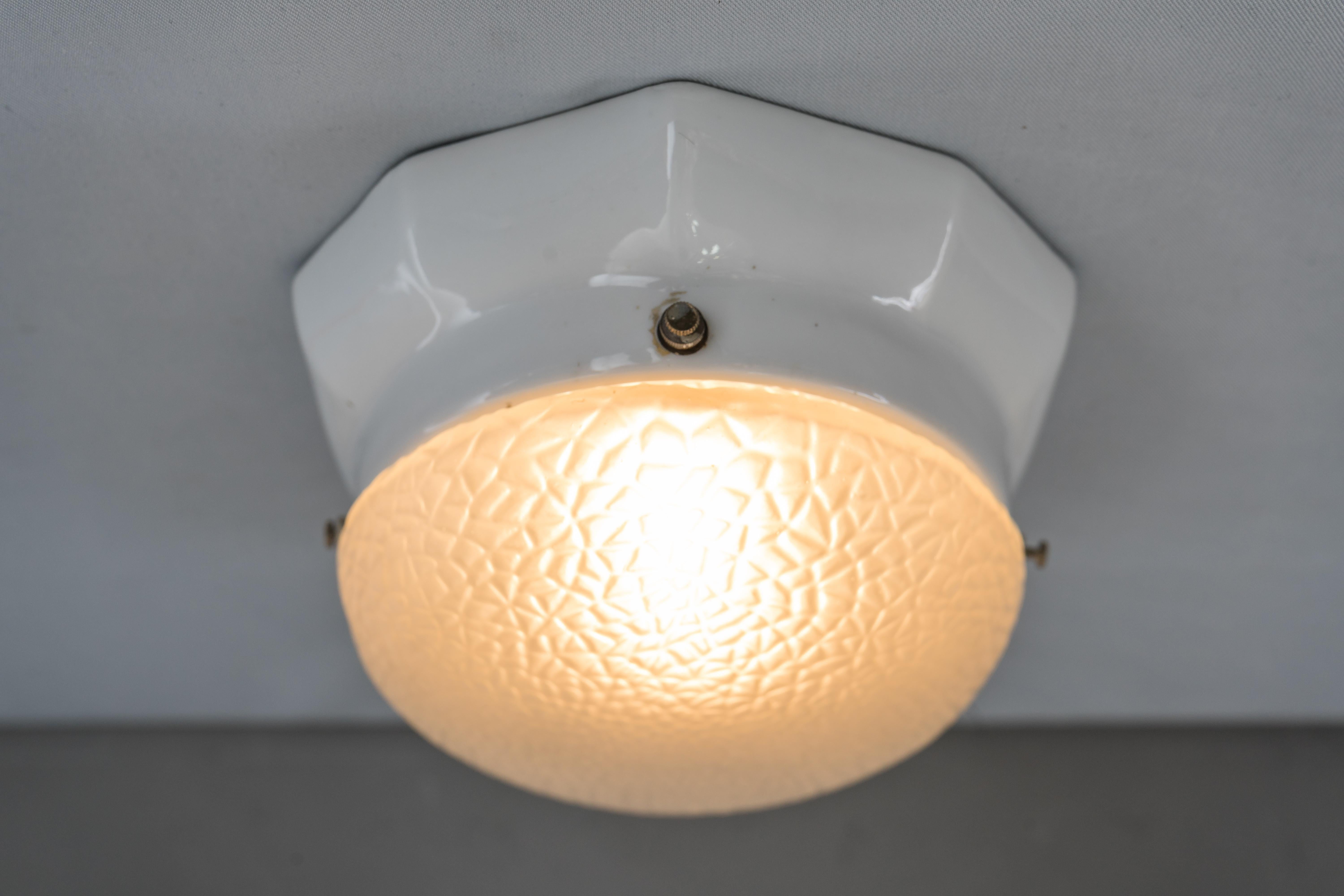 White Oval Porcelain Wall or Ceiling Lamp with Original Glass Shade, circa 1920s For Sale 10