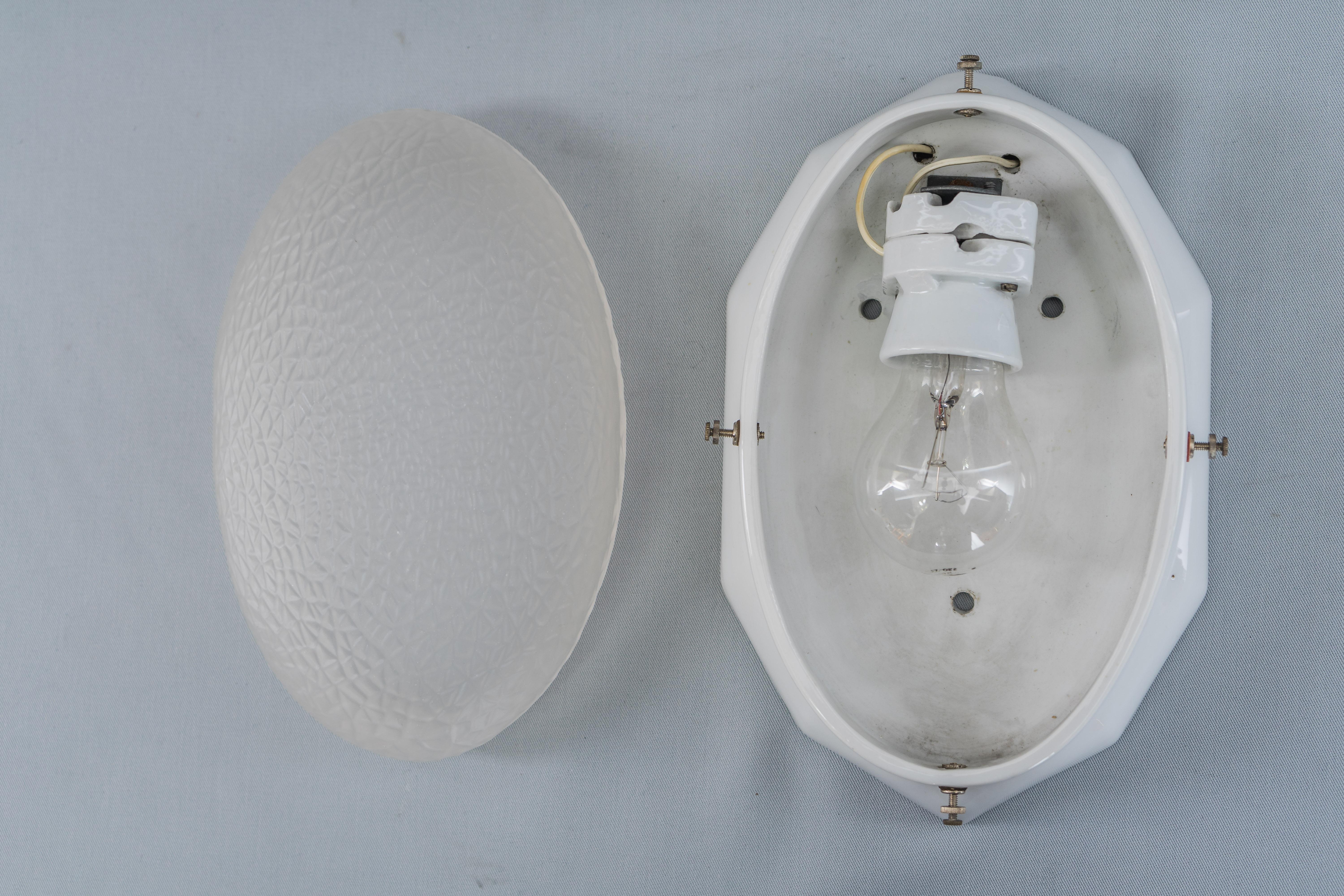 White Oval Porcelain Wall or Ceiling Lamp with Original Glass Shade, circa 1920s For Sale 11