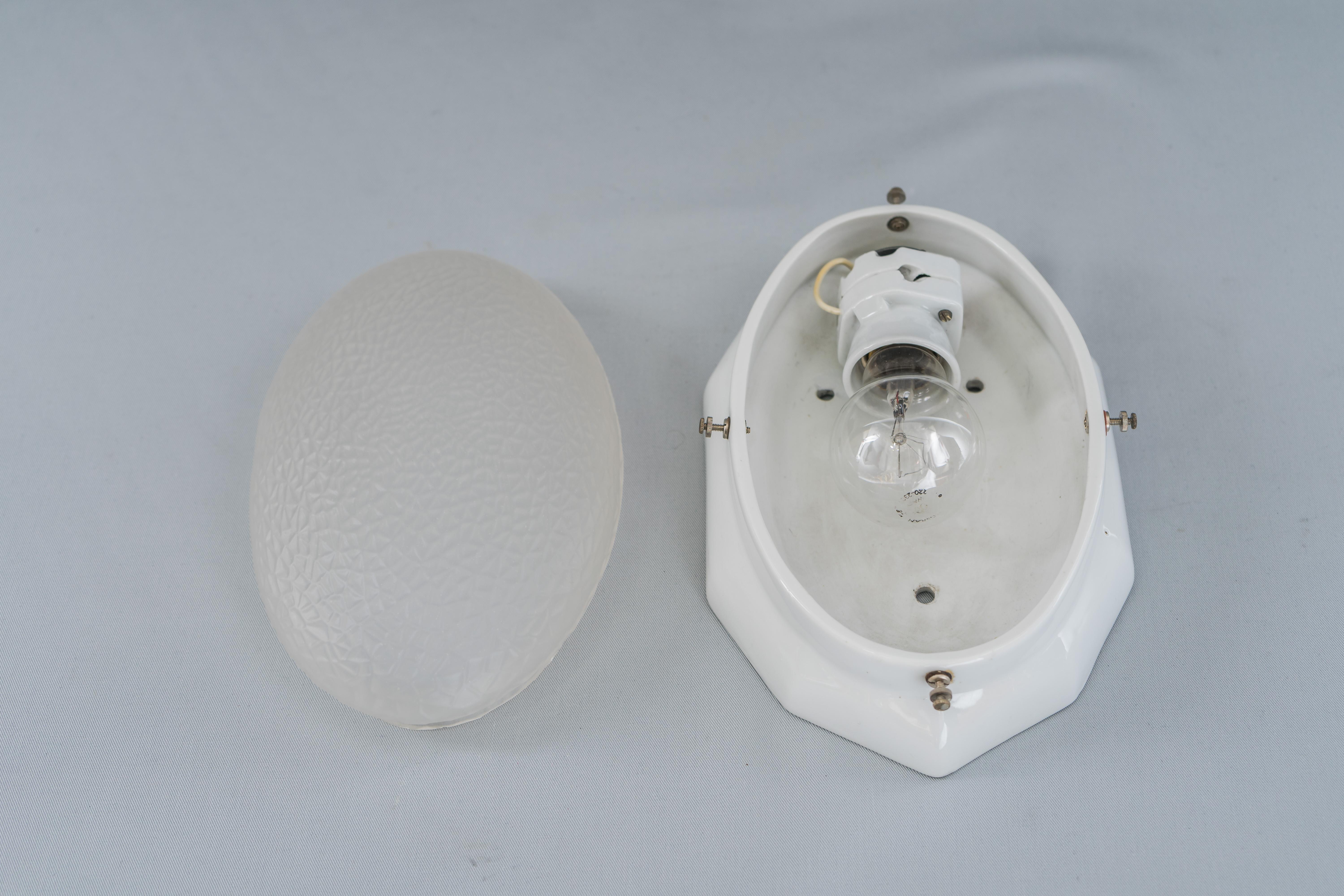 White Oval Porcelain Wall or Ceiling Lamp with Original Glass Shade, circa 1920s For Sale 12