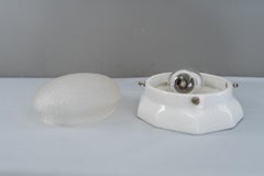 White Oval Porcelain Wall or Ceiling Lamp with Original Glass Shade, circa 1920s