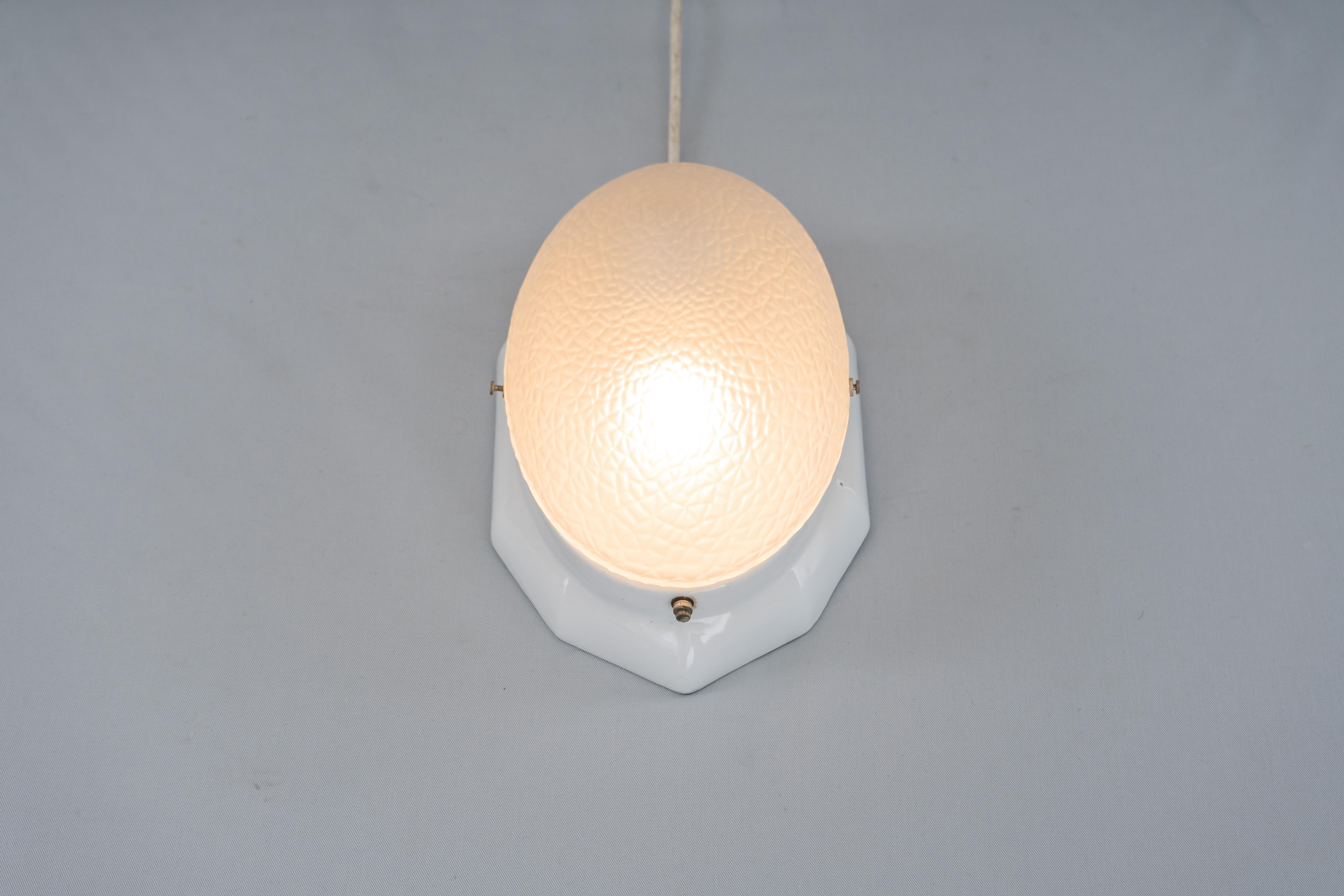 White Oval Porcelain Wall or Ceiling Lamp with Original Glass Shade, circa 1920s For Sale 3