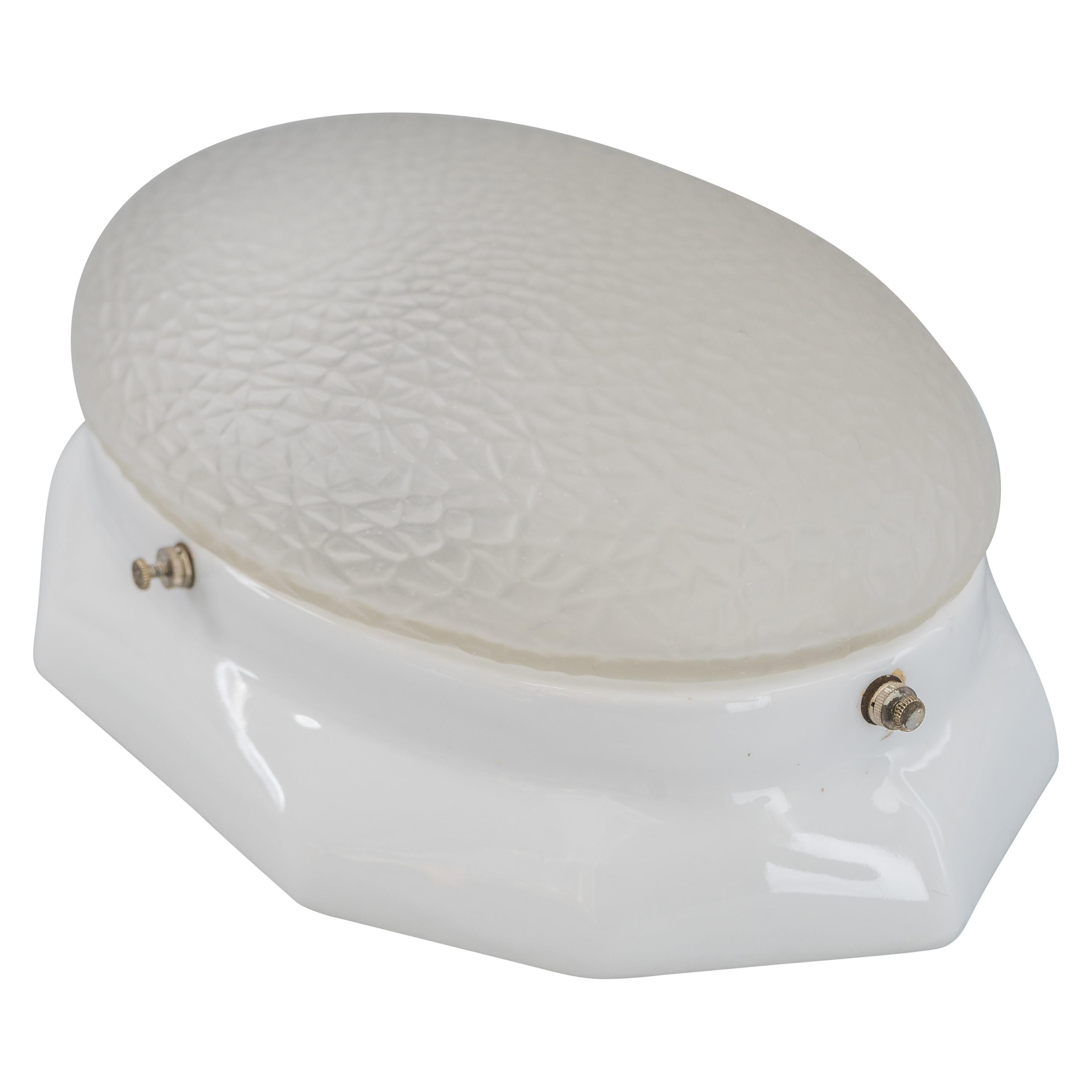 White Oval Porcelain Wall or Ceiling Lamp with Original Glass Shade, circa 1920s For Sale