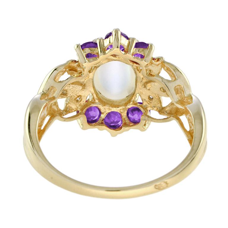 White Oval Shape Cabochon Moonstone with Amethyst & Diamond Yellow Gold Ring In New Condition For Sale In Oakton, VA