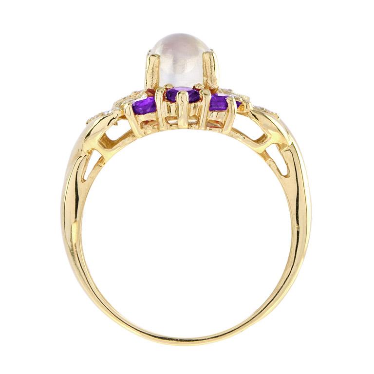 Women's White Oval Shape Cabochon Moonstone with Amethyst & Diamond Yellow Gold Ring For Sale