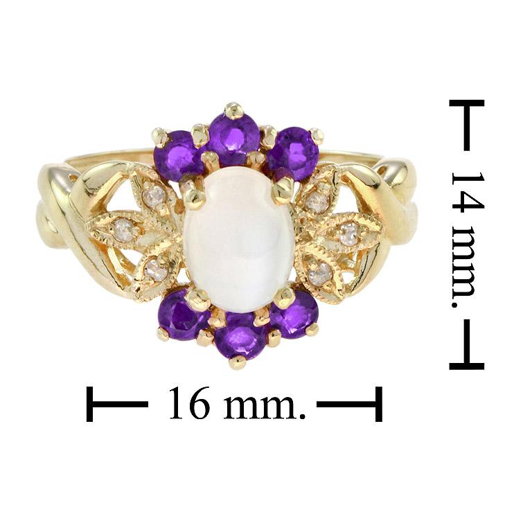 White Oval Shape Cabochon Moonstone with Amethyst & Diamond Yellow Gold Ring For Sale 1