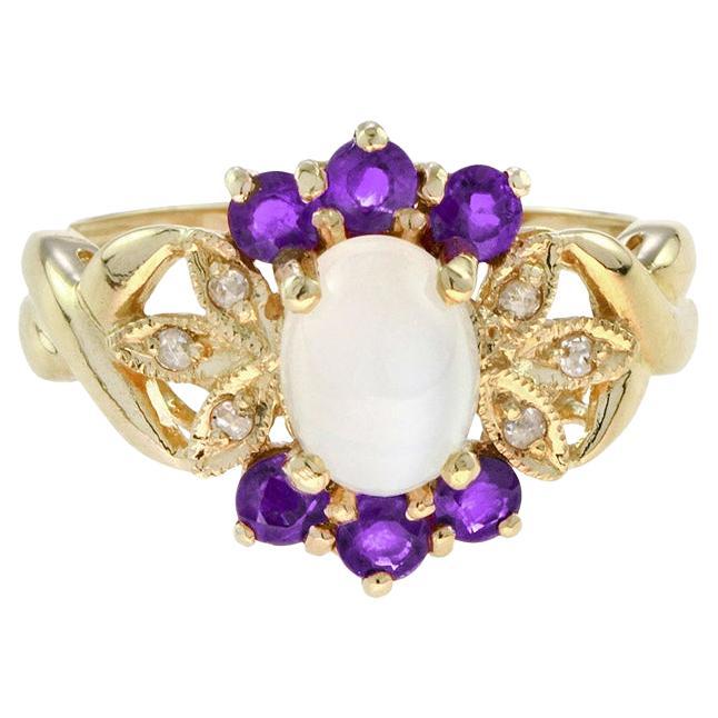 White Oval Shape Cabochon Moonstone with Amethyst & Diamond Yellow Gold Ring