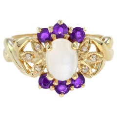White Oval Shape Cabochon Moonstone with Amethyst & Diamond Yellow Gold Ring