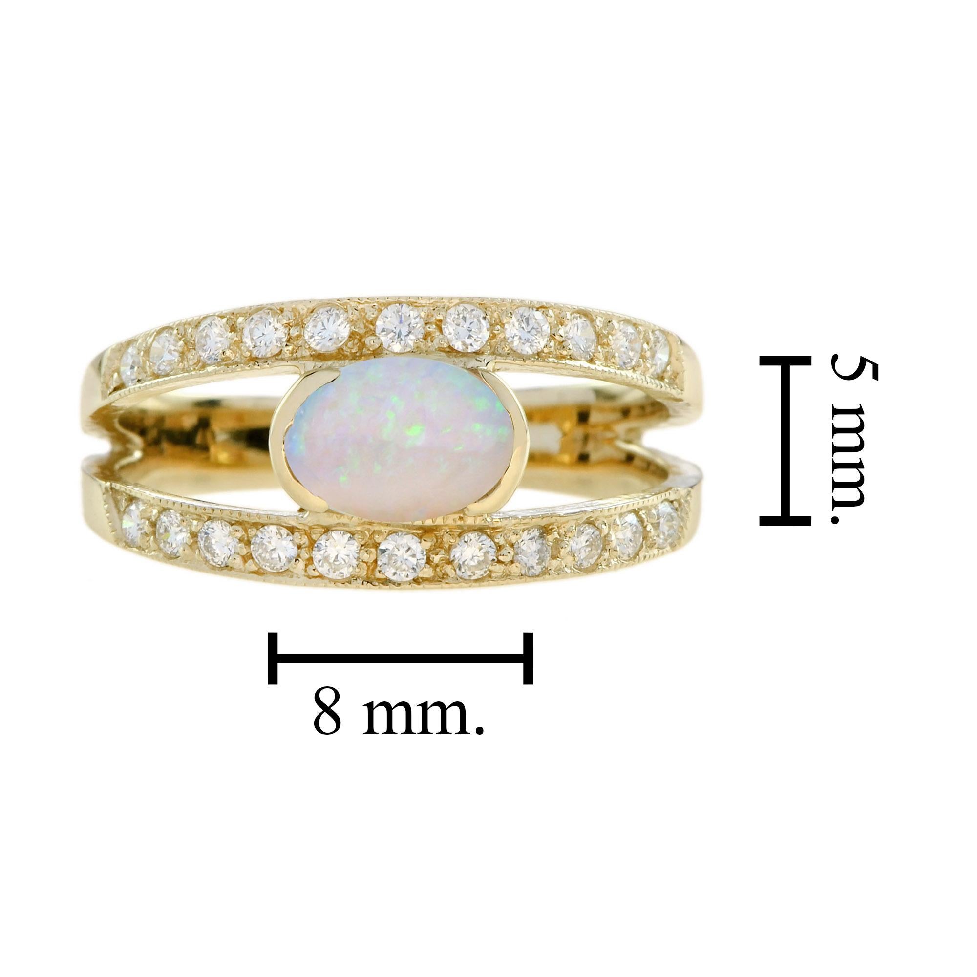 Bague en or jaune 9K de style vintage avec opale ovale blanche et diamant en vente 5