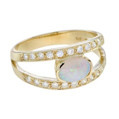 White Oval Shape Opal & Diamond Vintage Style 9K Yellow Gold Ring