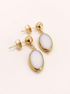 White Oval Vintage German Glass Beads edged with 24K gold Earrings