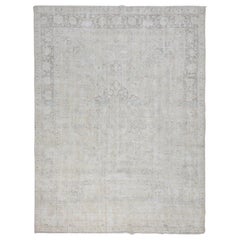 White Overdyed Worn Down Persian Tabriz Pure Wool Hand Knotted Oriental Rug