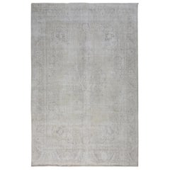 White Overdyed Worn Down Persian Tabriz Pure Wool Hand Knotted Oriental Rug