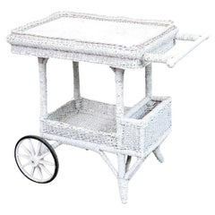 White Paint Decorated Wicker Antique Bar Tea Cart, Ca. 1890
