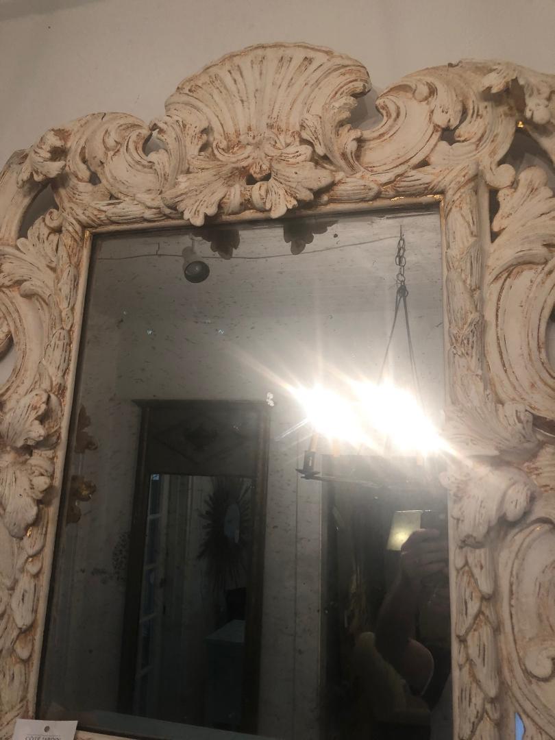 19th Century White Painted and Carved Wood Rococo Mirror