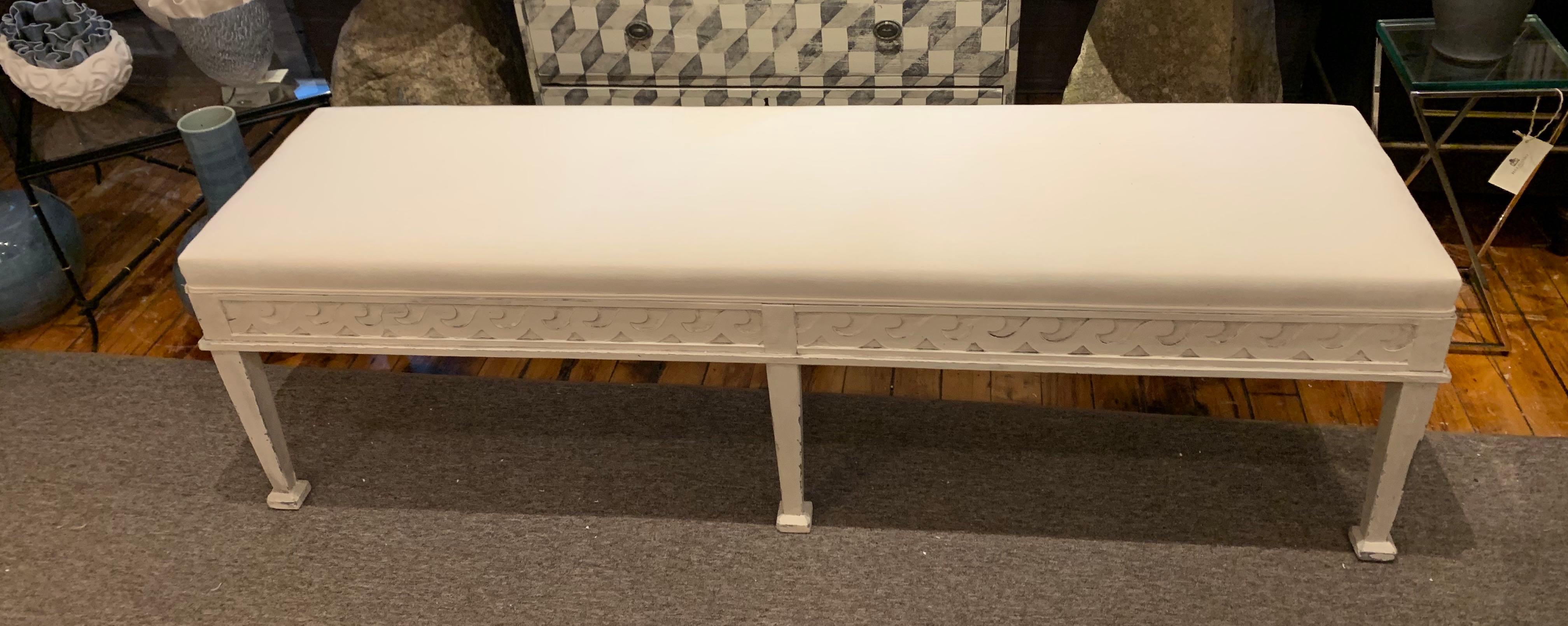 English White Painted and Upholstered Gustavian Style Bench, England, Contemporary For Sale