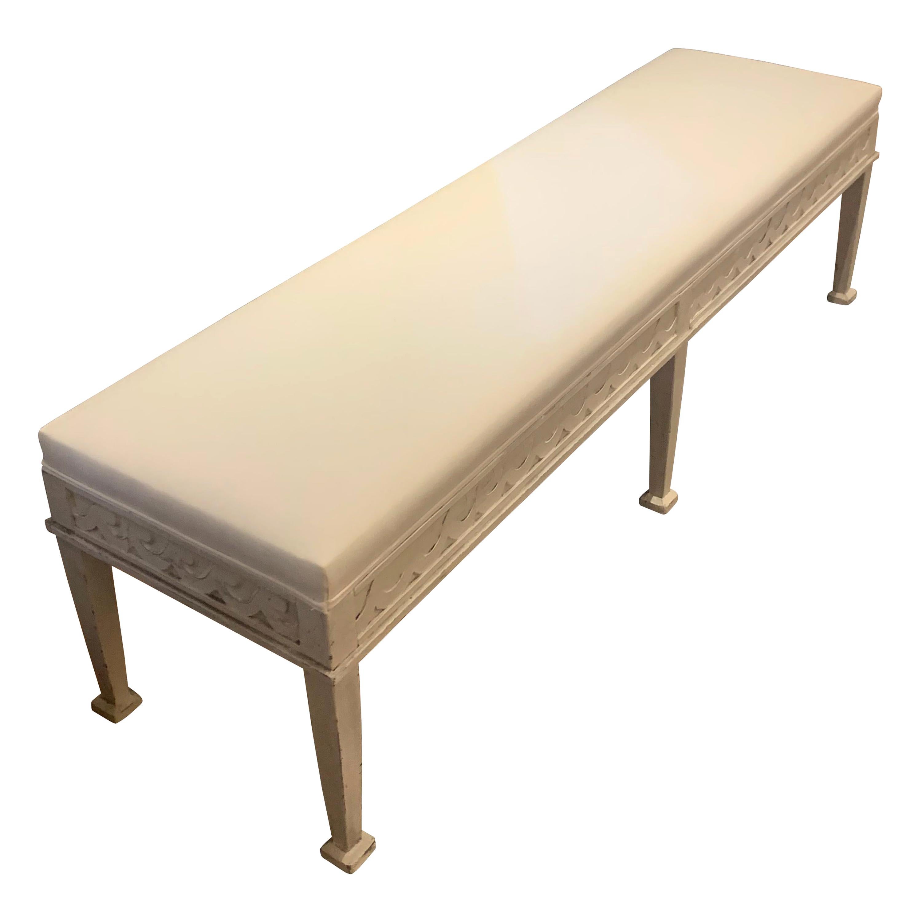 White Painted and Upholstered Gustavian Style Bench, England, Contemporary For Sale