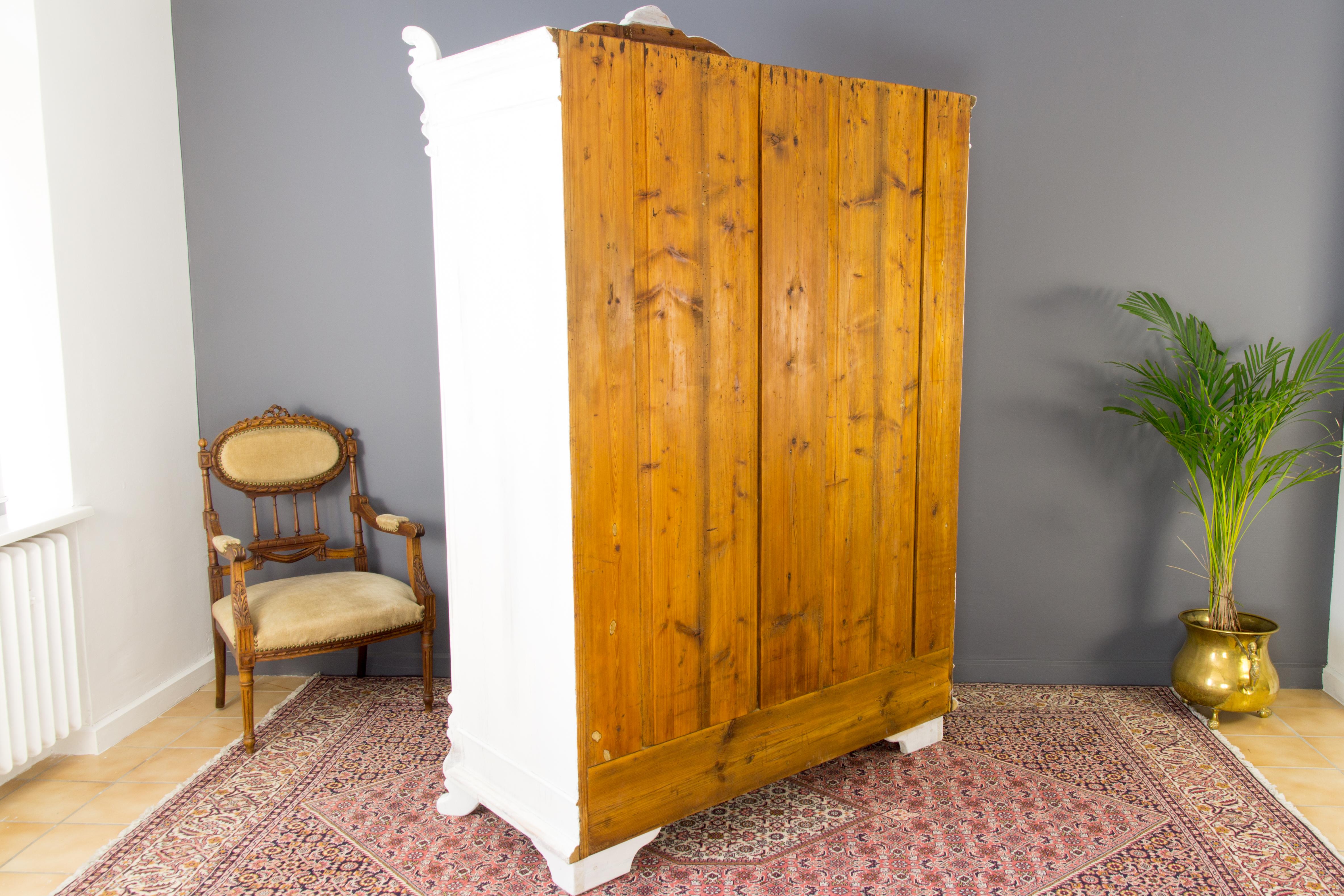 Baltic Pine White Painted Two-Door Armoire with Carved Crown, 1920's 1