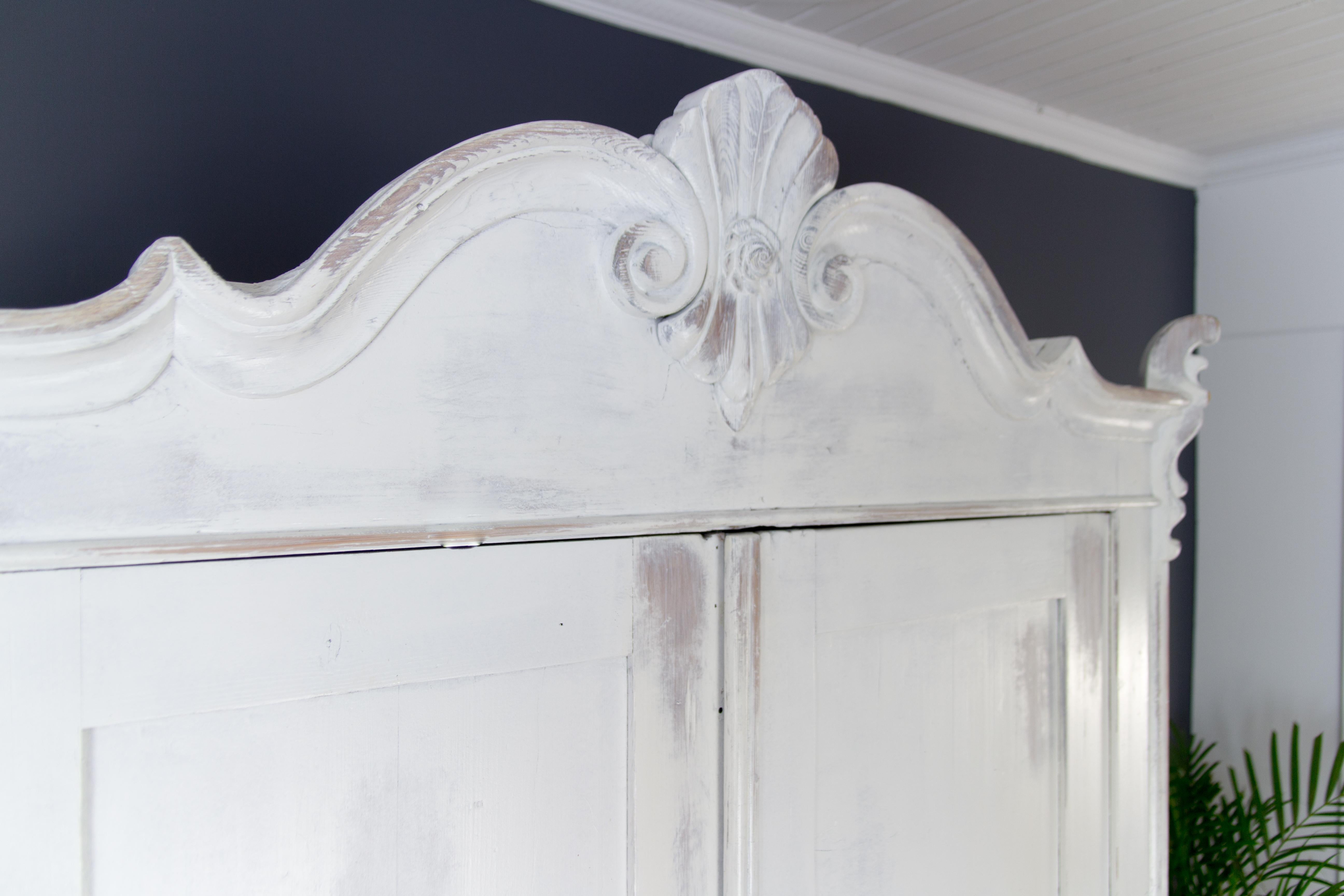 Baltic Pine White Painted Two-Door Armoire with Carved Crown, 1920's 4