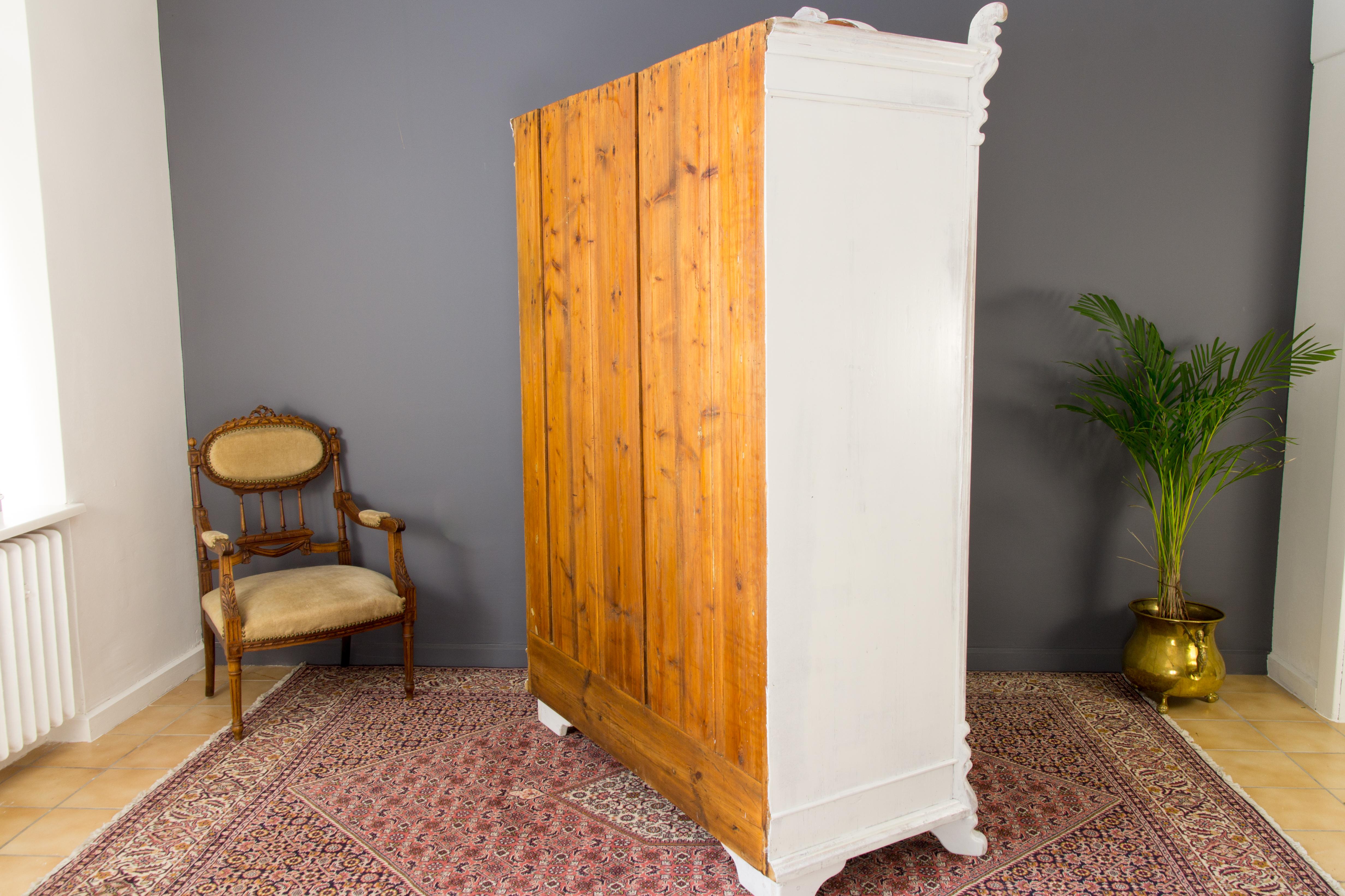Early 20th Century Baltic Pine White Painted Two-Door Armoire with Carved Crown, 1920's