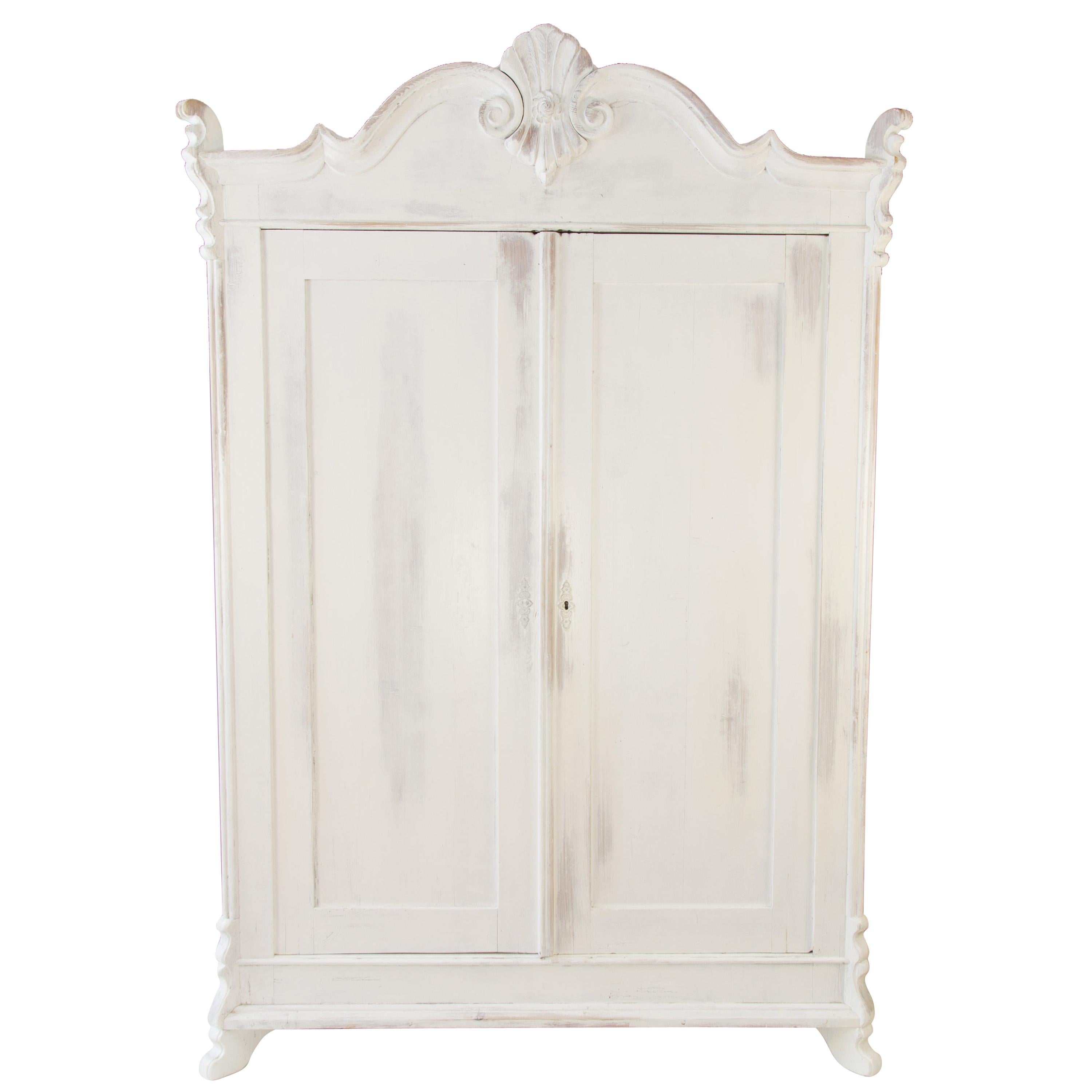 Baltic Pine White Painted Two-Door Armoire with Carved Crown, 1920's