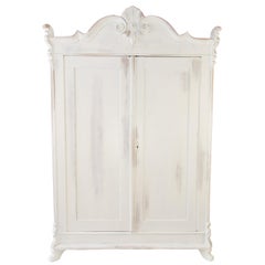 Antique Baltic Pine White Painted Two-Door Armoire with Carved Crown, 1920's