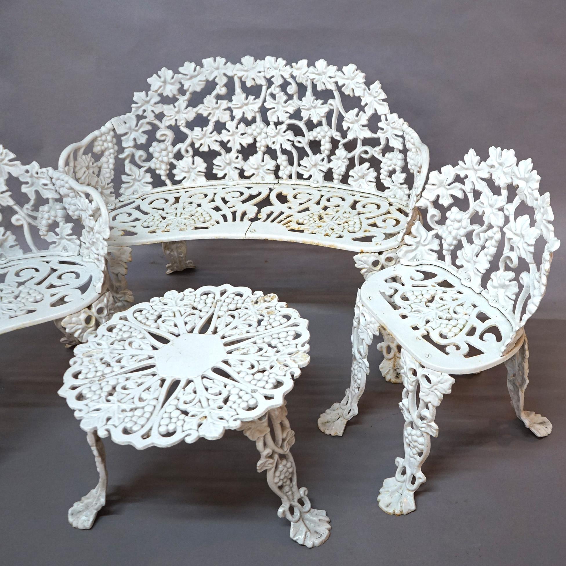 White Painted Cast Iron Grape & Leaf Four-Piece Garden Seating Set, 20thC 5