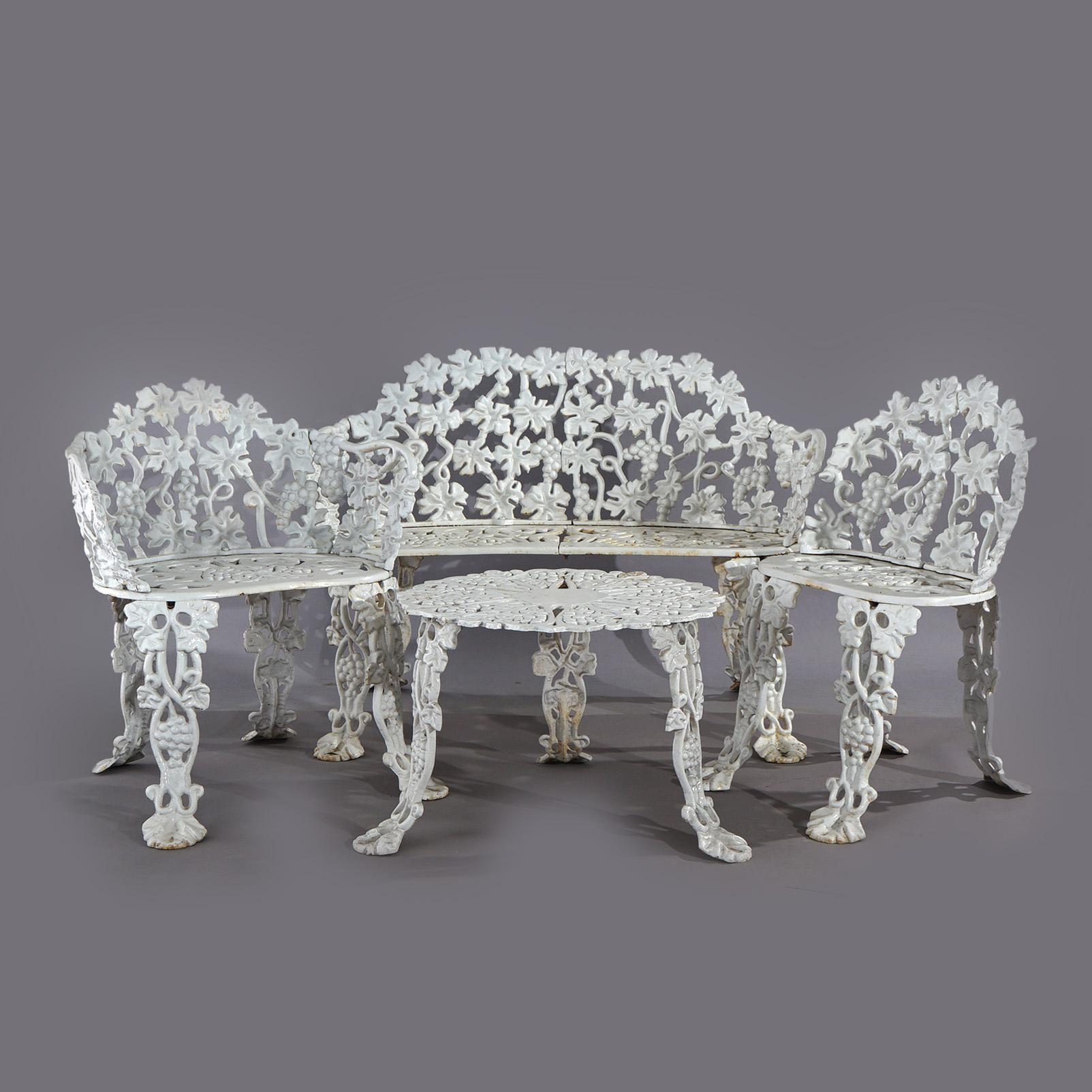 Victorian White Painted Cast Iron Grape & Leaf Four-Piece Garden Seating Set, 20thC