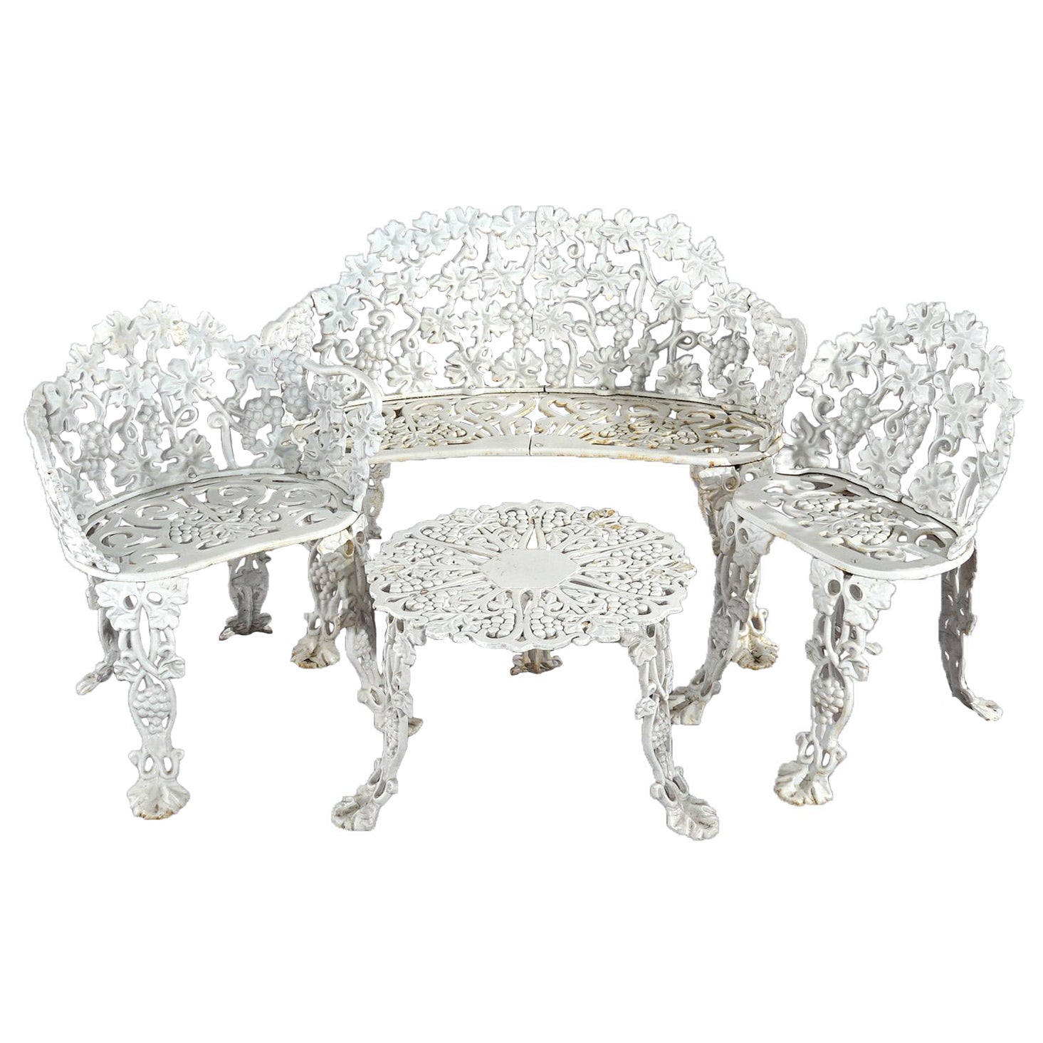 White Painted Cast Iron Grape & Leaf Four-Piece Garden Seating Set, 20thC