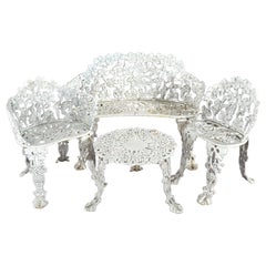 White Painted Cast Iron Grape & Leaf Four-Piece Garden Seating Set, 20thC