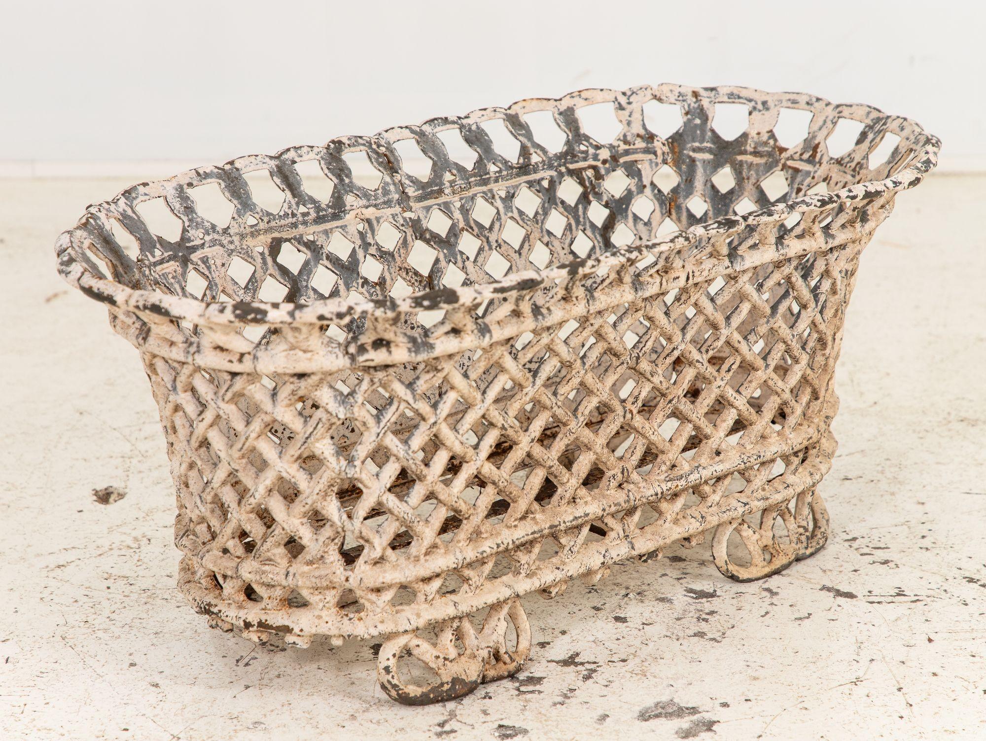 20th Century White Painted Cast Iron Latticework Basket, French early 20th C. For Sale