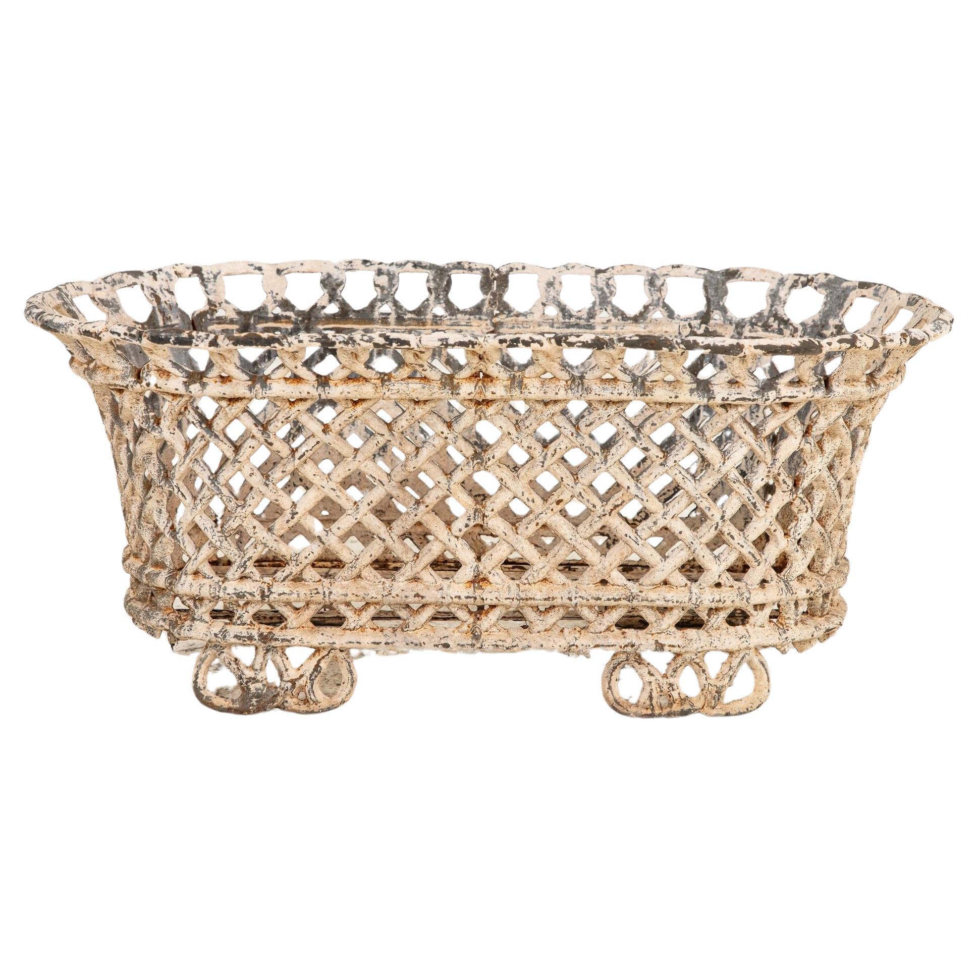 White Painted Cast Iron Latticework Basket, French early 20th C. For Sale