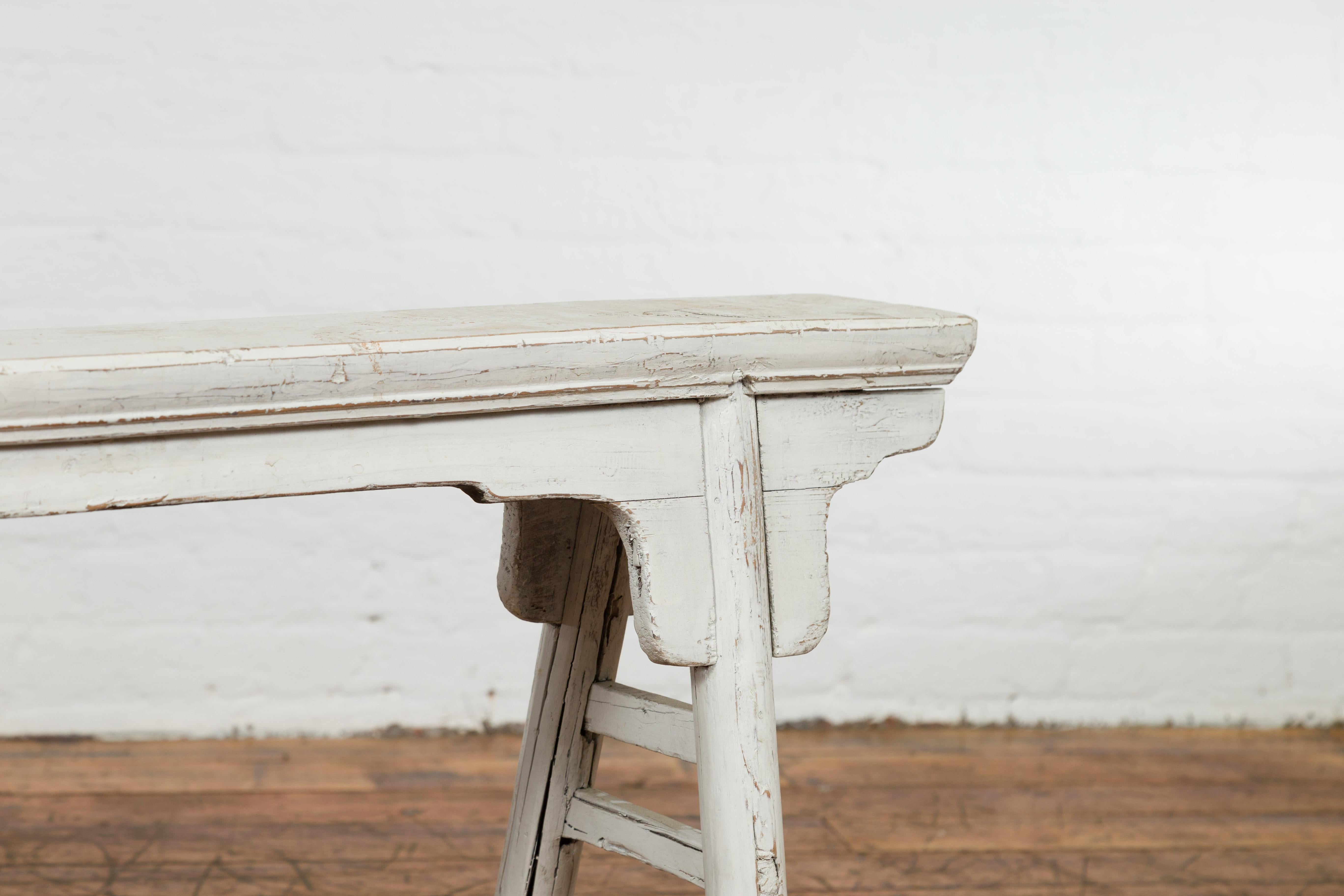 White Painted Vintage Wooden Ming Style Bench with A-Form Base 4