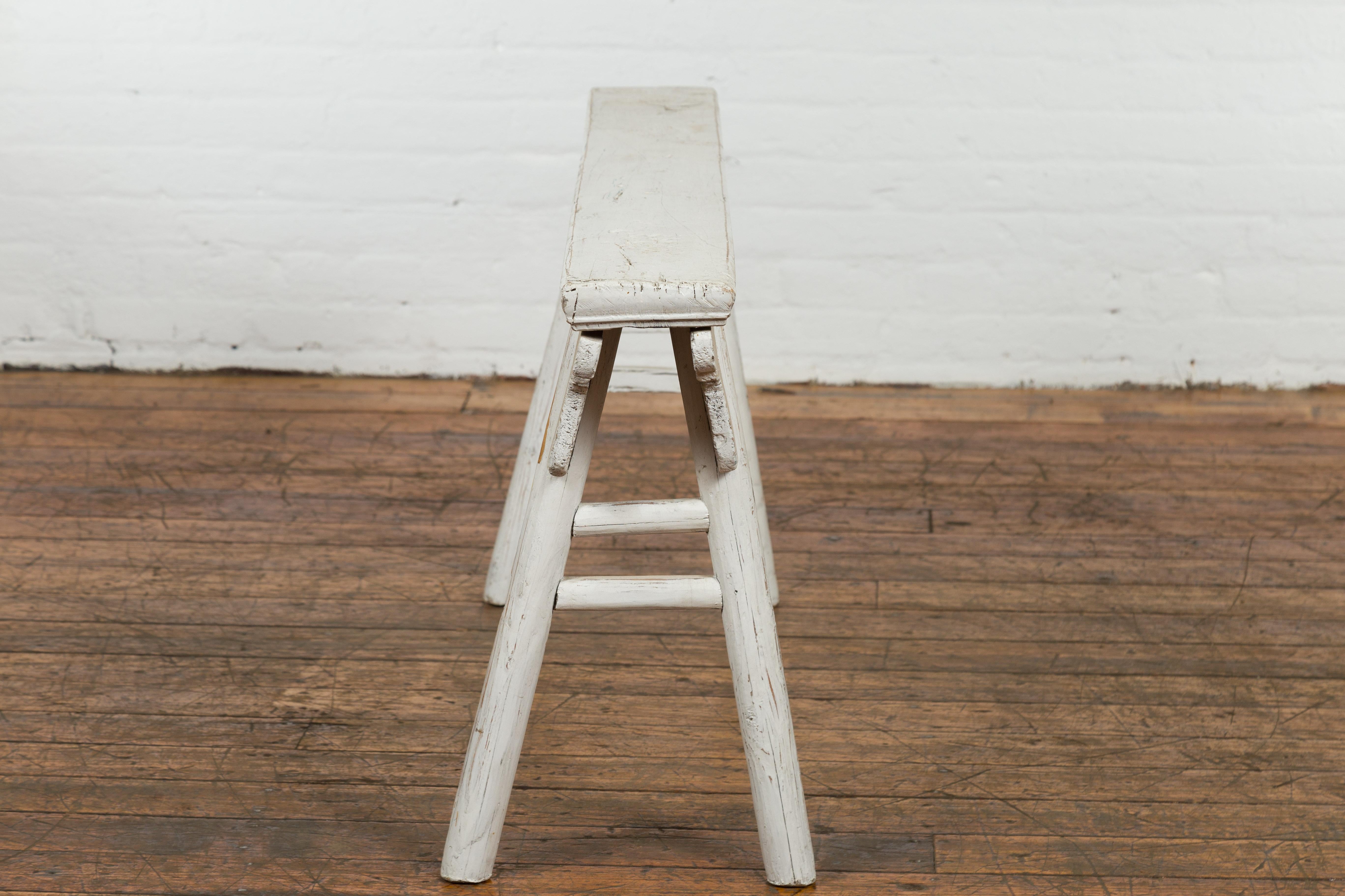 White Painted Vintage Wooden Ming Style Bench with A-Form Base 5