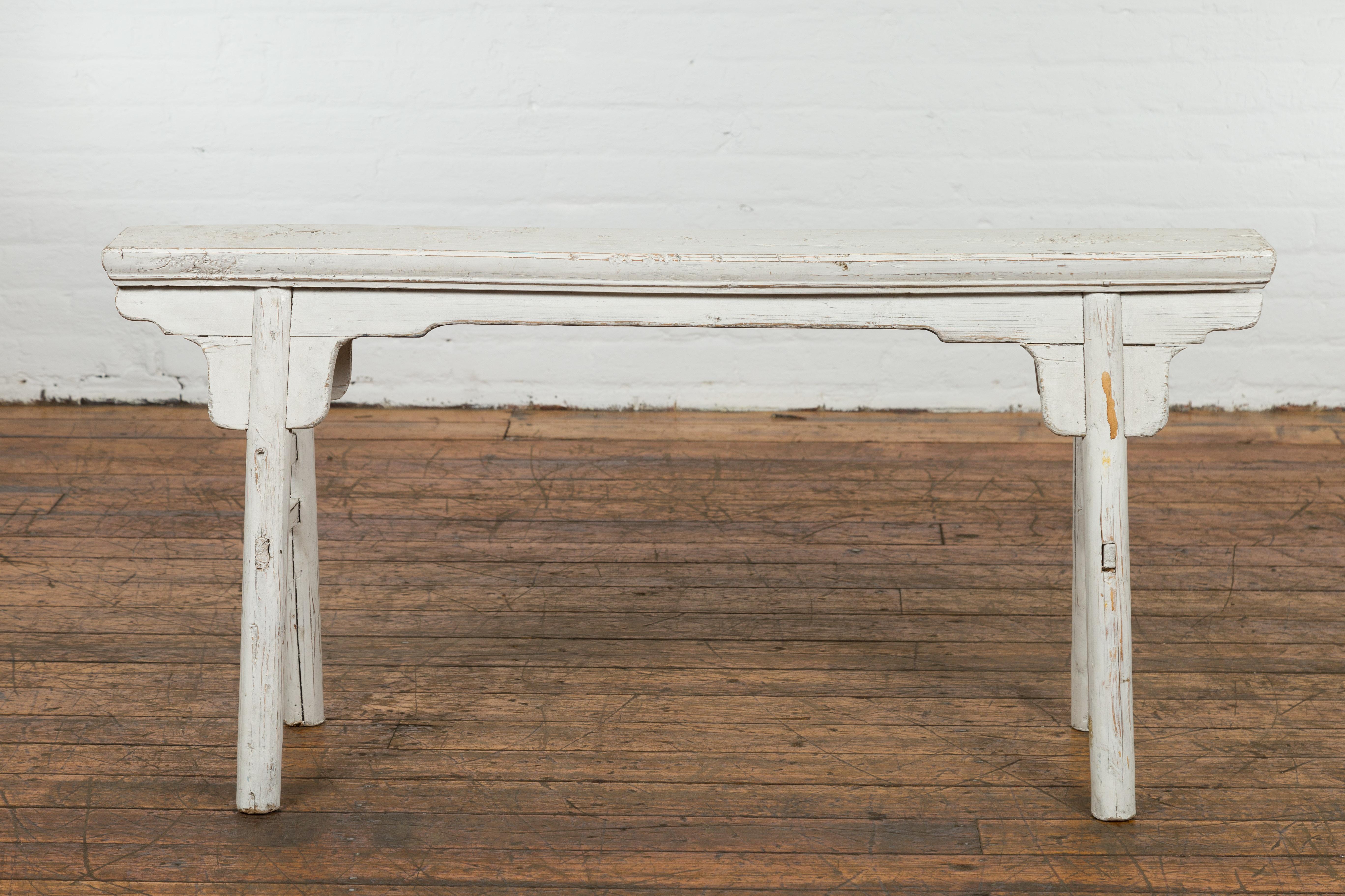 White Painted Vintage Wooden Ming Style Bench with A-Form Base 6